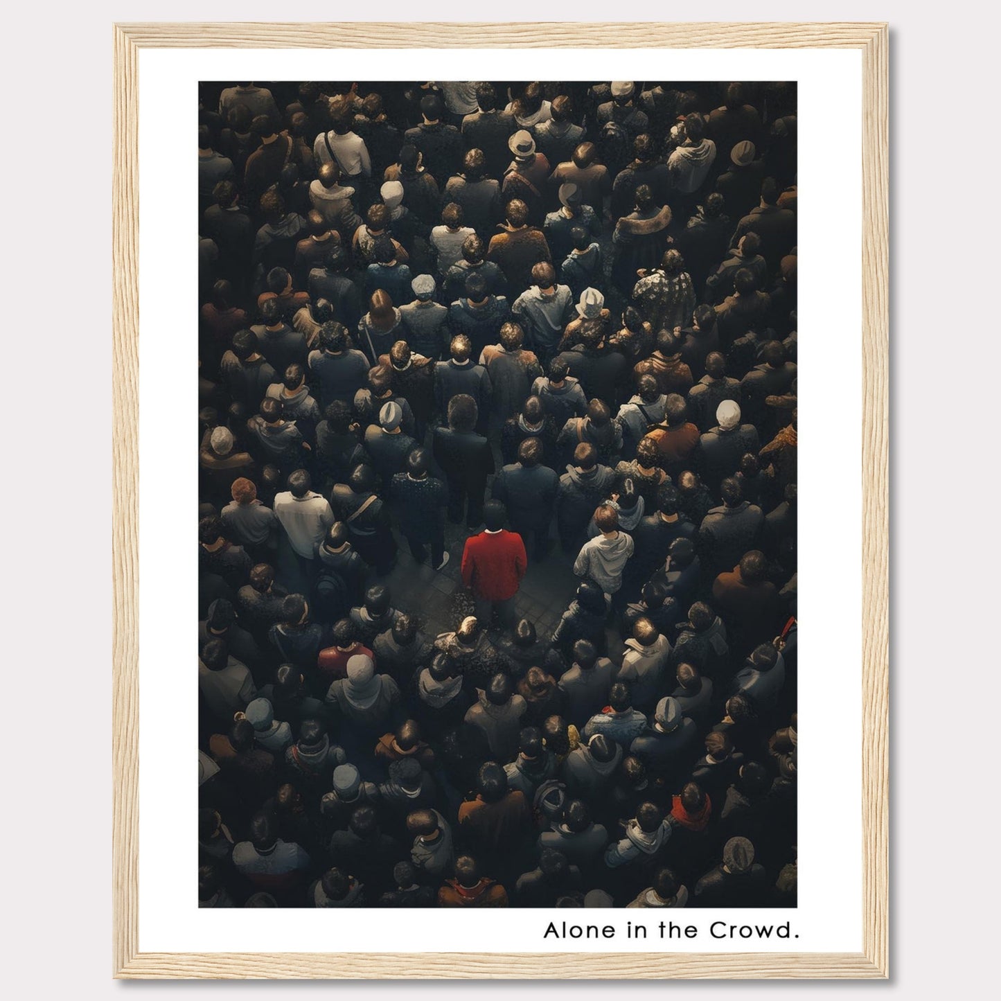 This image depicts a lone individual in a red coat standing amidst a dense crowd of people, all dressed in darker colors. The contrast highlights the feeling of isolation despite being surrounded by others.