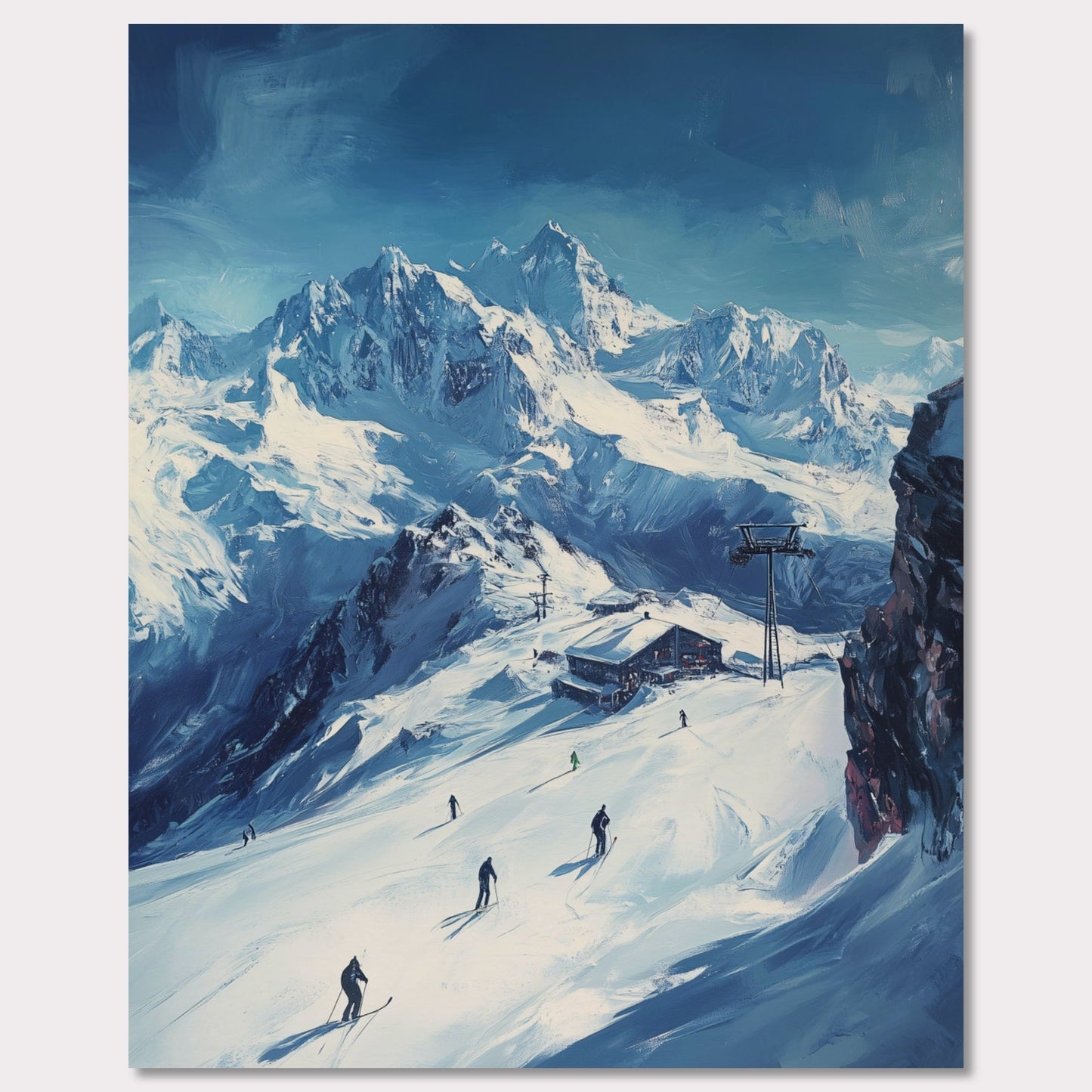 This vibrant, retro-style poster captures the excitement of skiing through the Swiss Alps, with skiers navigating fresh powder beneath towering, snow-covered peaks. The vast landscape and the thrill of the descent evoke a sense of freedom and adventure. The vintage typography and warm colors enhance the adventurous spirit, making it a perfect invitation to explore the slopes of the Swiss Alps and experience the rush of alpine skiing.