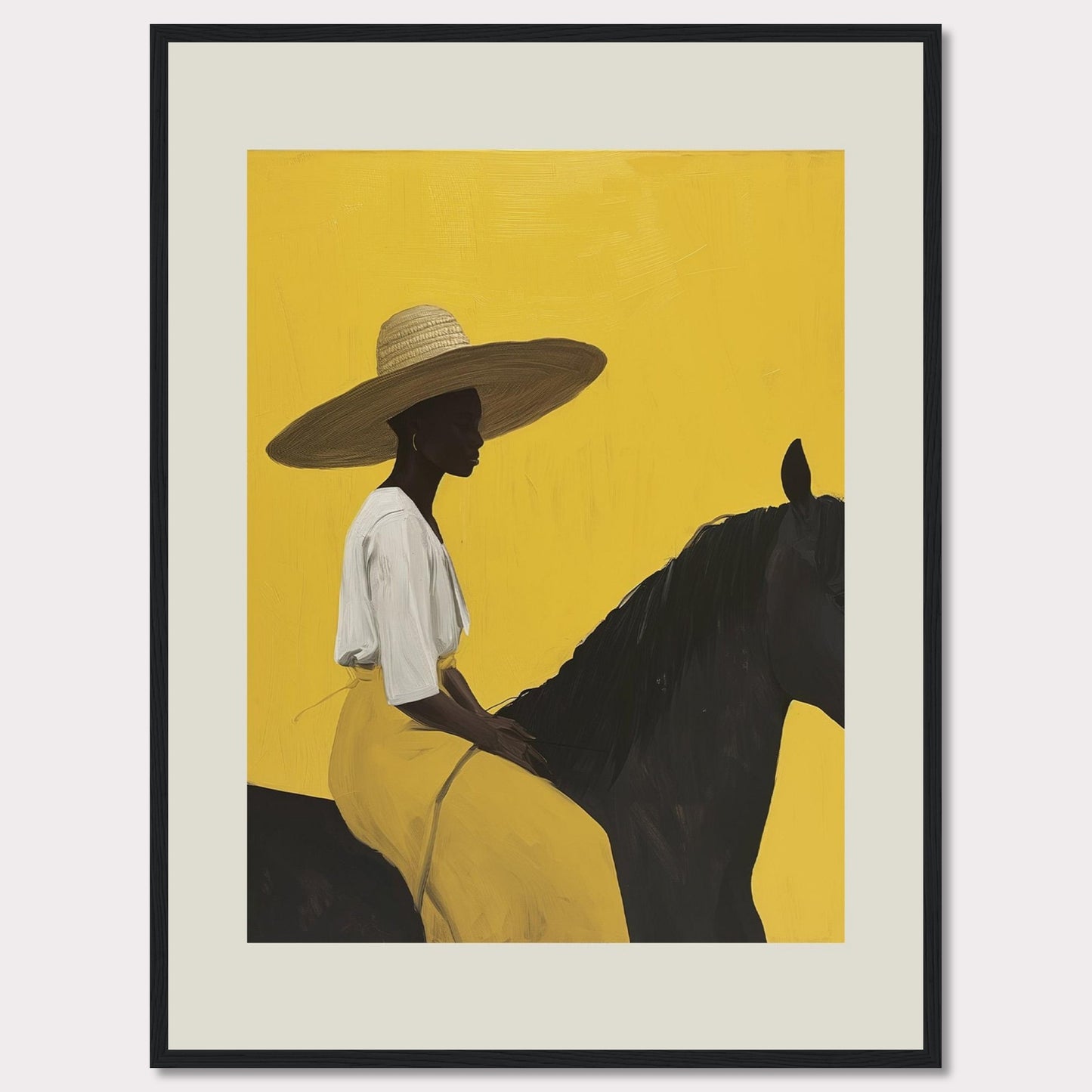 This striking artwork features a silhouette of a person wearing a wide-brimmed hat, seated on a dark horse against a vibrant yellow background. The figure is adorned in a white top and yellow skirt, exuding elegance and tranquility.