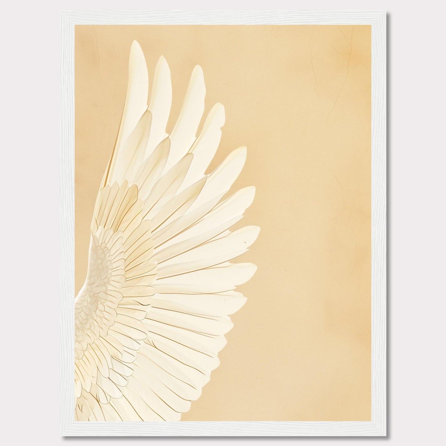 This elegant wall art features a detailed depiction of a white feathered wing against a soft beige background. The minimalist design and neutral tones make it a versatile piece for any room.