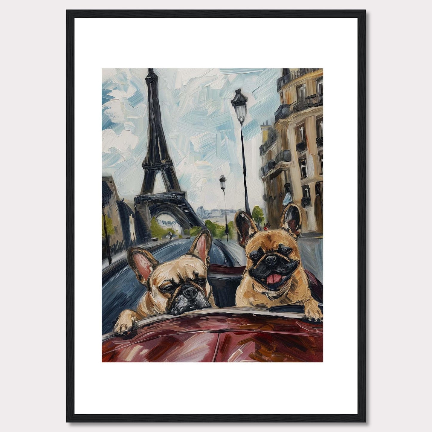 This vibrant painting captures two adorable French Bulldogs enjoying a ride in a car with the iconic Eiffel Tower in the background. The artwork beautifully blends elements of Parisian architecture, street lamps, and the joyful expressions of the dogs.