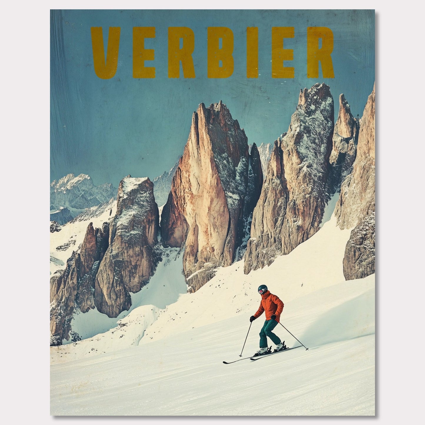 This stunning vintage poster showcases the essence of skiing in Verbier, with a lone skier carving through fresh powder beneath towering, jagged alpine peaks. The vibrant orange jacket of the skier contrasts beautifully with the crisp, snowy landscape and the rugged beauty of the mountains. The bold, retro typography reinforces the feeling of adventure and nostalgia, inviting viewers to experience the thrill of Verbier’s iconic slopes.