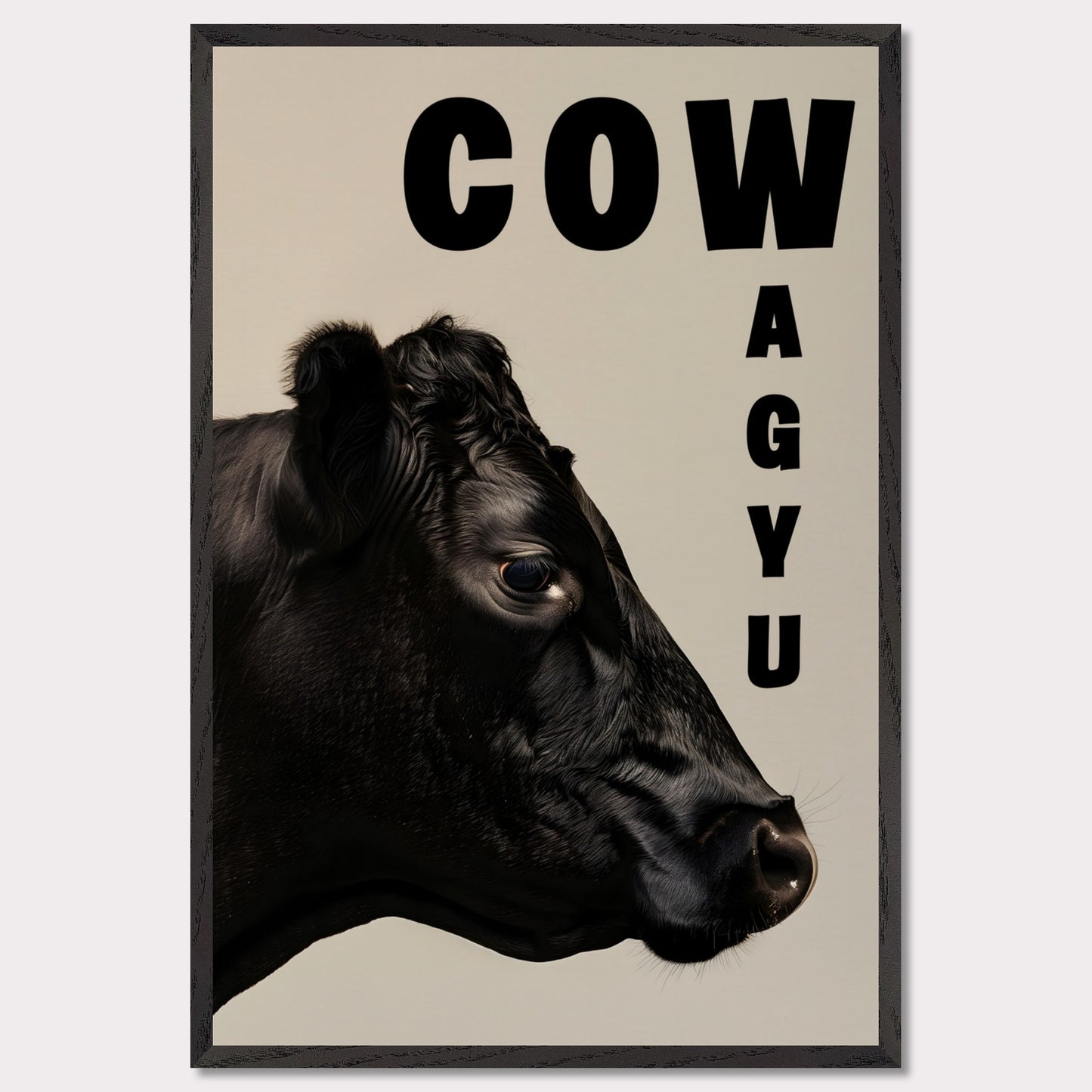 This image features a close-up profile of a black cow against a neutral background. The word "COW" is prominently displayed in bold black letters at the top, while the word "WAGYU" is arranged vertically on the right side.