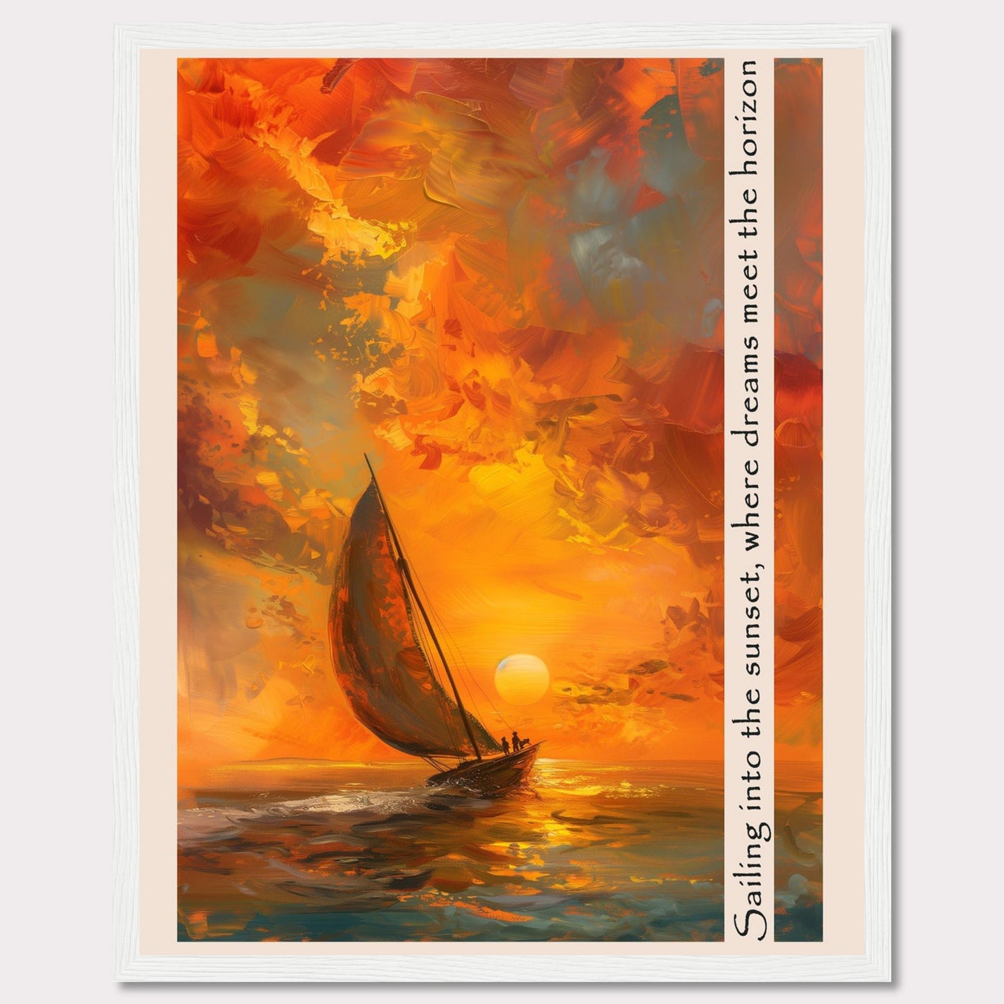 This captivating artwork depicts a sailboat gliding through the vibrant hues of a sunset, where the sky meets the sea in a harmonious blend of colors. The painting's warm tones evoke a sense of tranquility and adventure.