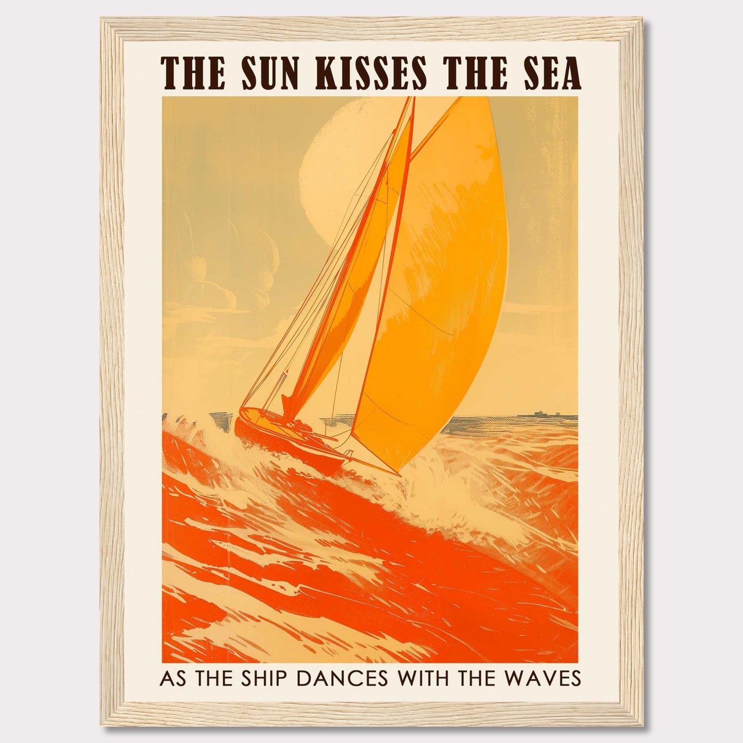 This vibrant poster captures the essence of sailing with a bright orange sailboat cutting through the waves under a warm sun. The bold text reads, "THE SUN KISSES THE SEA" and "AS THE SHIP DANCES WITH THE WAVES," evoking a sense of adventure and freedom.