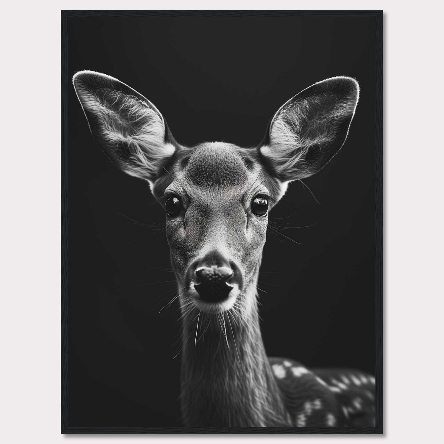 This captivating black and white photograph features a close-up of a young deer, highlighting its delicate features and expressive eyes. The dark background accentuates the deer's soft fur and intricate details, creating a striking contrast that draws the viewer in.