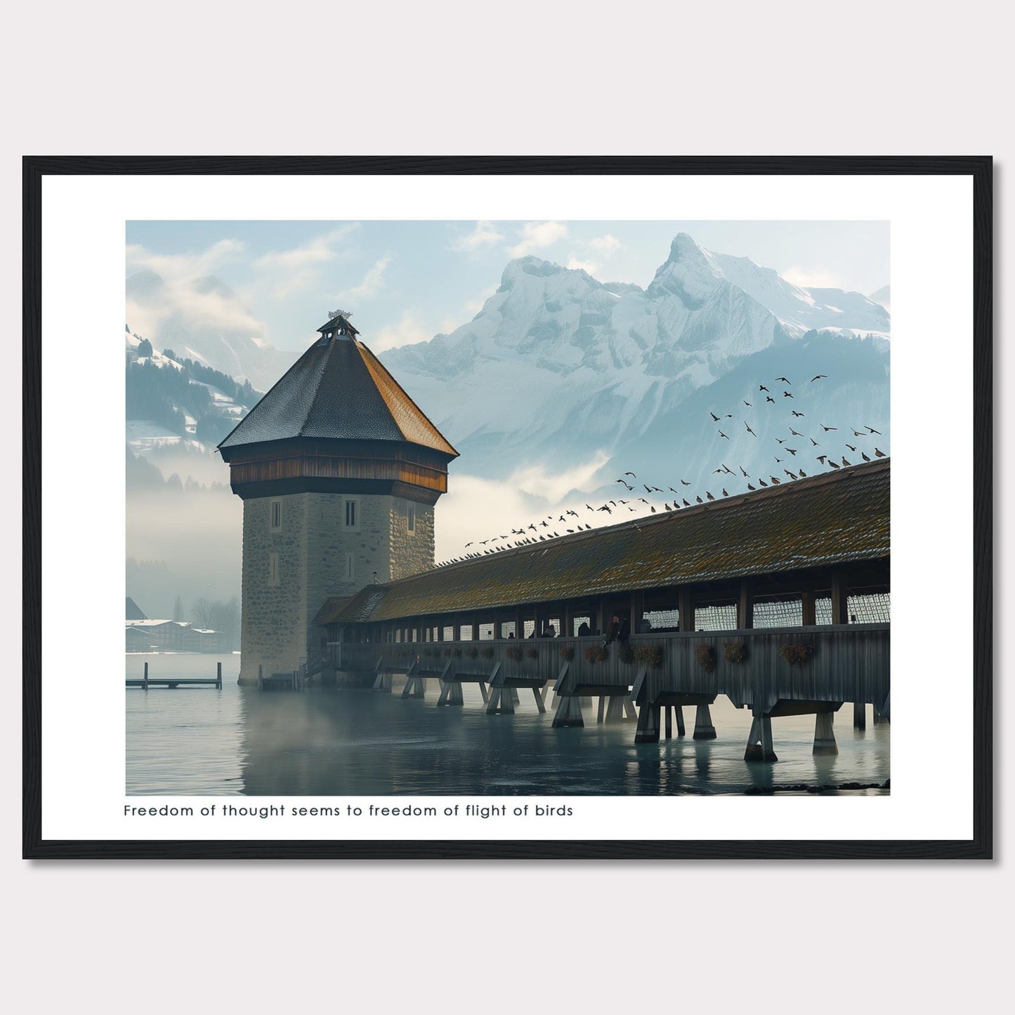 This captivating photo showcases a serene scene featuring a historic tower and a covered wooden bridge over calm waters, with majestic snow-capped mountains in the background. A flock of birds is seen soaring freely in the sky, adding a sense of movement and freedom to the tranquil setting.