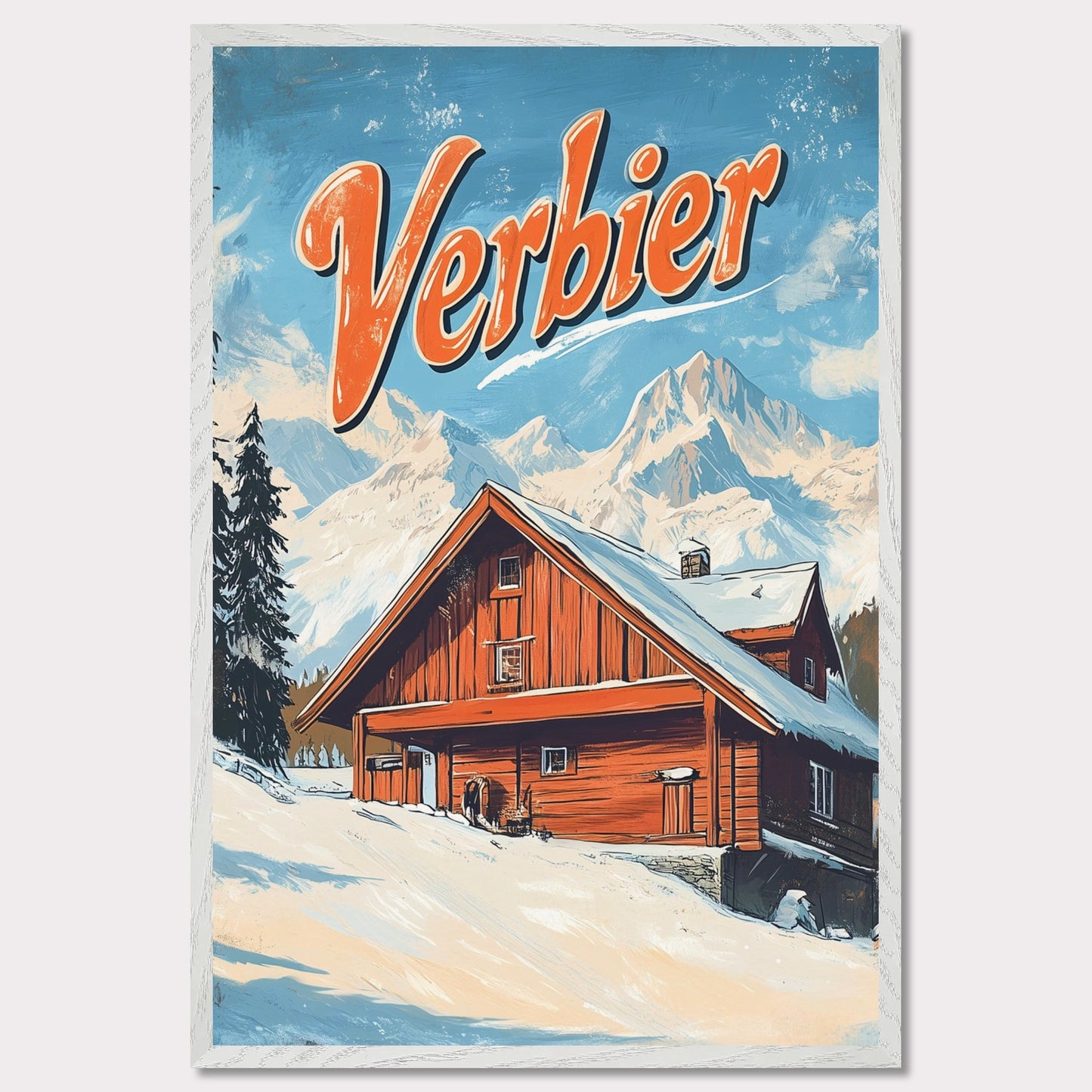 This vintage-inspired poster features a charming wooden chalet nestled against the stunning mountains of Verbier. The warm tones of the cabin contrast beautifully with the snowy landscape and towering peaks, creating a welcoming, serene winter scene. The retro design with bold typography invites viewers to imagine a peaceful retreat in the heart of the Swiss Alps, where adventure and comfort come together.