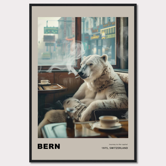 This intriguing poster features a polar bear sitting comfortably in a café, smoking a cigarette. The scene is set against a backdrop of a bustling city street, with shops and signs visible through the window. A cup of coffee sits on the table in front of the bear, adding to the relaxed atmosphere. The text at the bottom reads "BERN" with the caption "Journey to the capital, 1975, Switzerland."