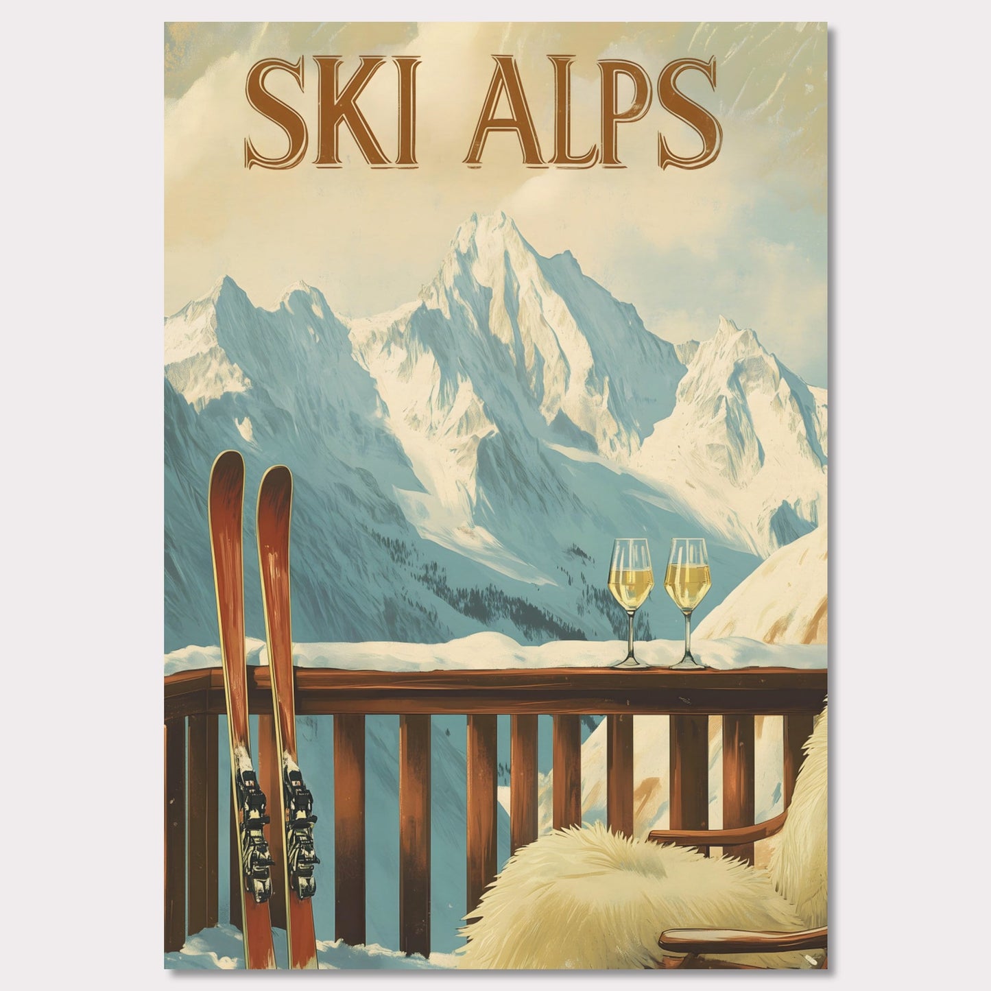 This soothing poster transports you to a tranquil alpine terrace with a breathtaking view of snow-covered peaks. A wooden chair draped in soft fur and paired with two glasses of sparkling wine sets the tone for a peaceful and intimate winter retreat.