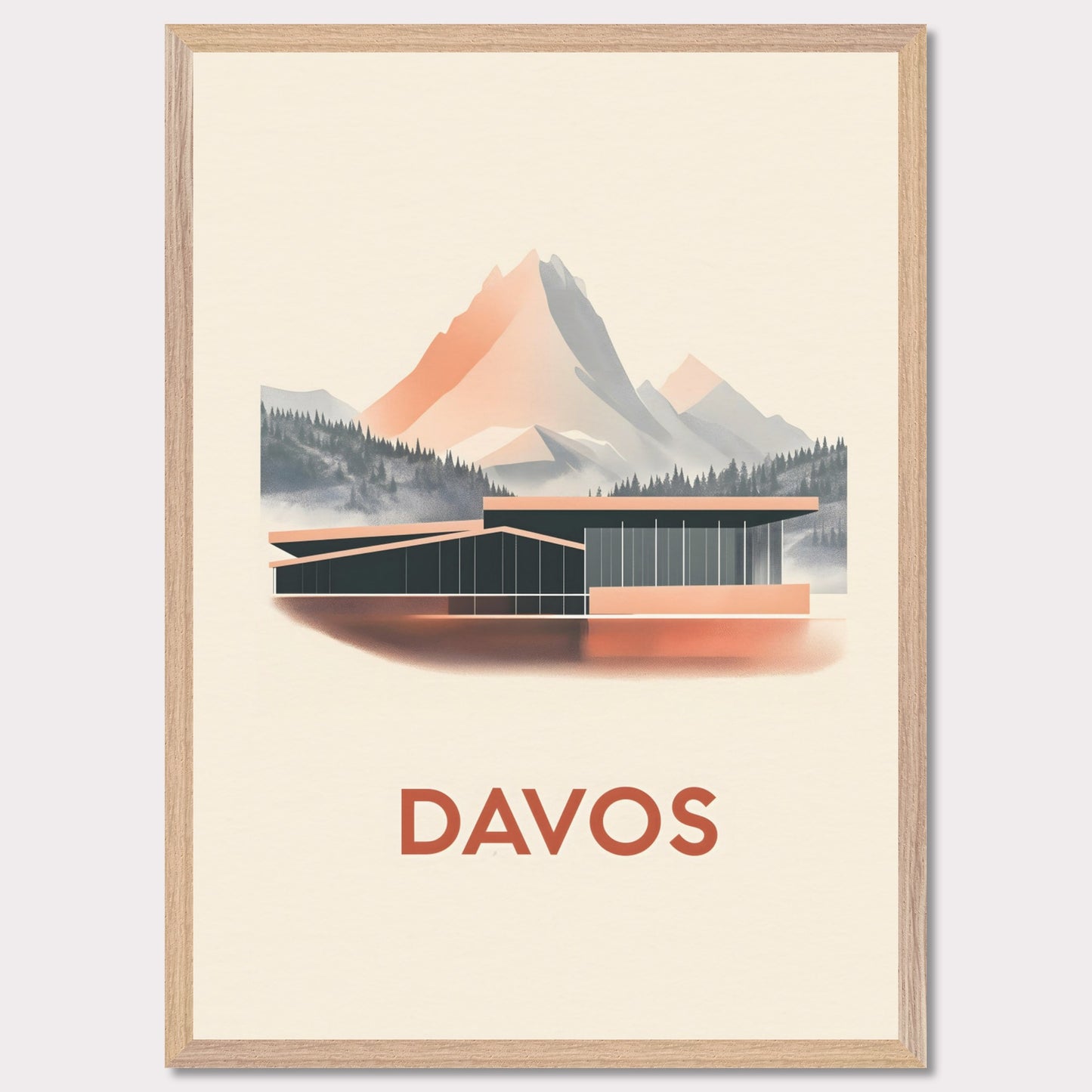 A refined travel poster showcasing Davos' modern architecture against breathtaking alpine peaks. The sleek lines of the building contrast harmoniously with the rugged mountains, embodying the balance between innovation and nature.