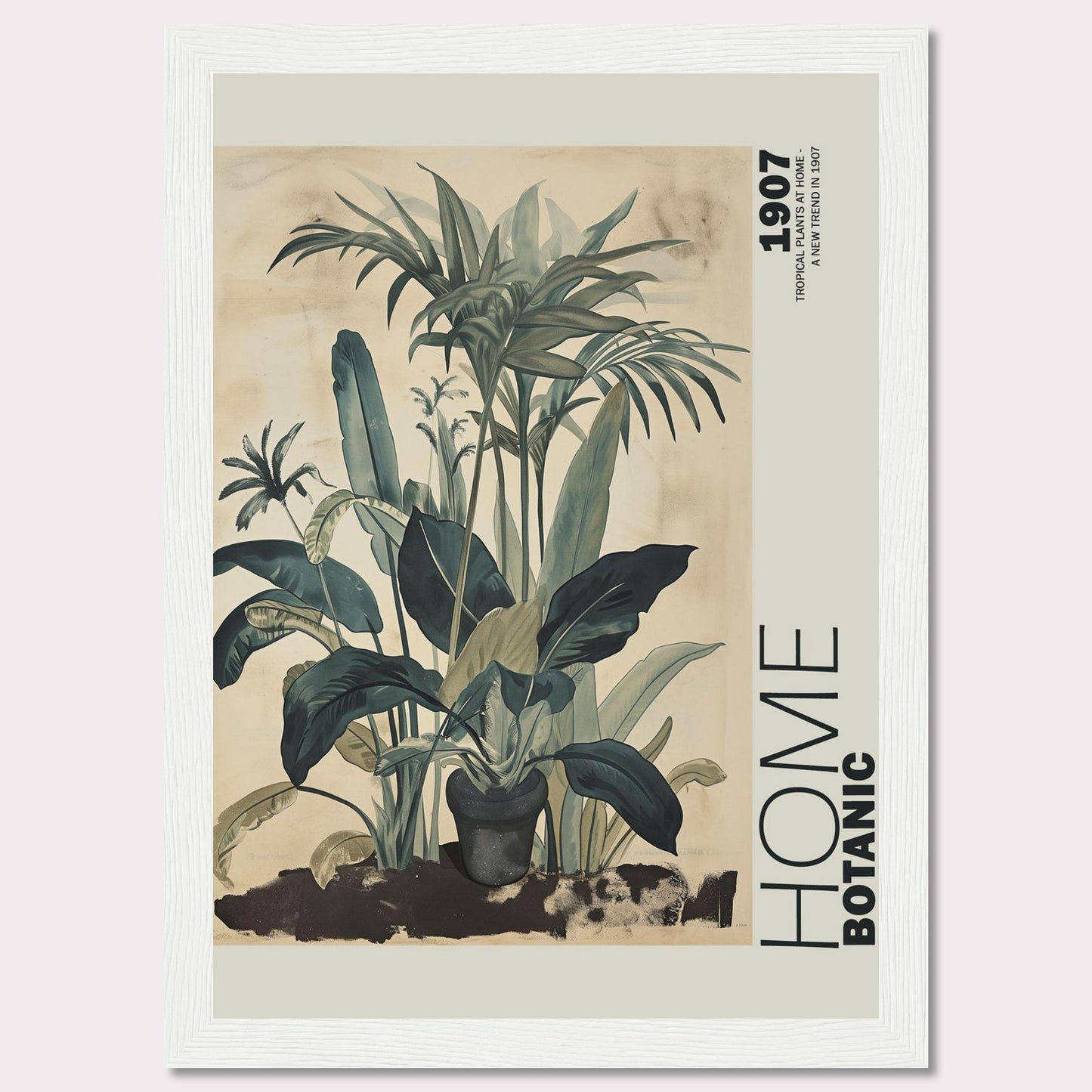 This image features a beautifully framed botanical art print showcasing lush tropical plants. The artwork has a vintage feel with muted green tones and intricate leaf details, giving it a timeless aesthetic. The text "HOME BOTANIC" and "1907" adds a touch of classic elegance to the piece.