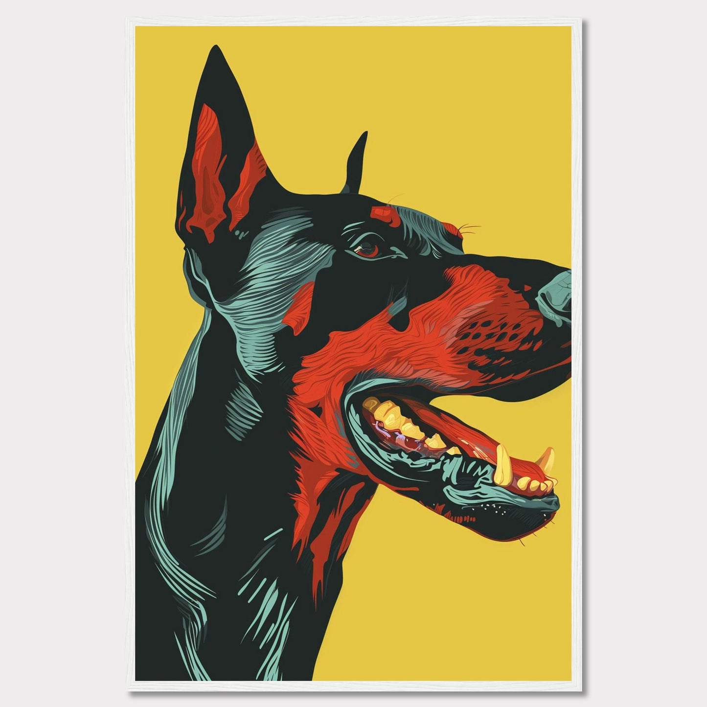 This vibrant artwork features a striking, stylized portrait of a Doberman against a bold yellow background. The detailed illustration showcases the dog's fierce expression with vivid red and black hues, emphasizing its strong and dynamic presence. The piece is framed in a sleek black border, enhancing its modern aesthetic.