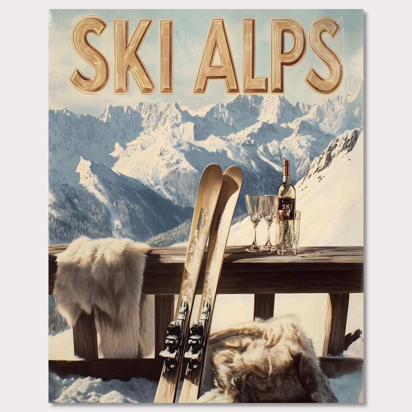 This captivating poster invites you to a serene alpine retreat, where snowy peaks stretch into the horizon. A pair of classic wooden skis leans against a rustic balcony railing, adorned with soft fur for added warmth. A bottle of fine wine and elegant glasses sit atop the table, perfectly complementing the breathtaking mountain backdrop.