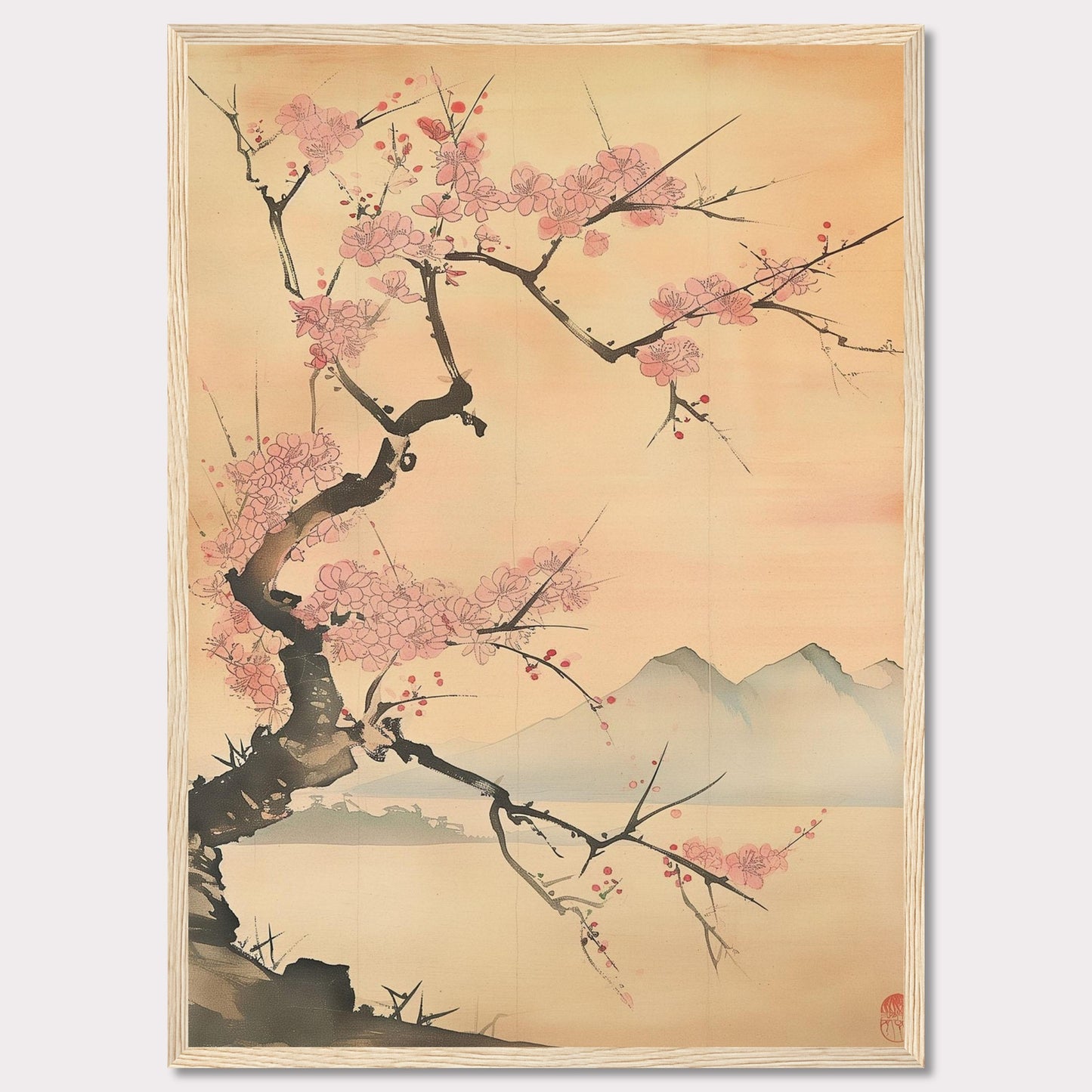 This beautiful artwork features a delicate cherry blossom tree in full bloom against a serene backdrop of distant mountains. The soft pastel hues create a tranquil and calming atmosphere, perfect for any living space.