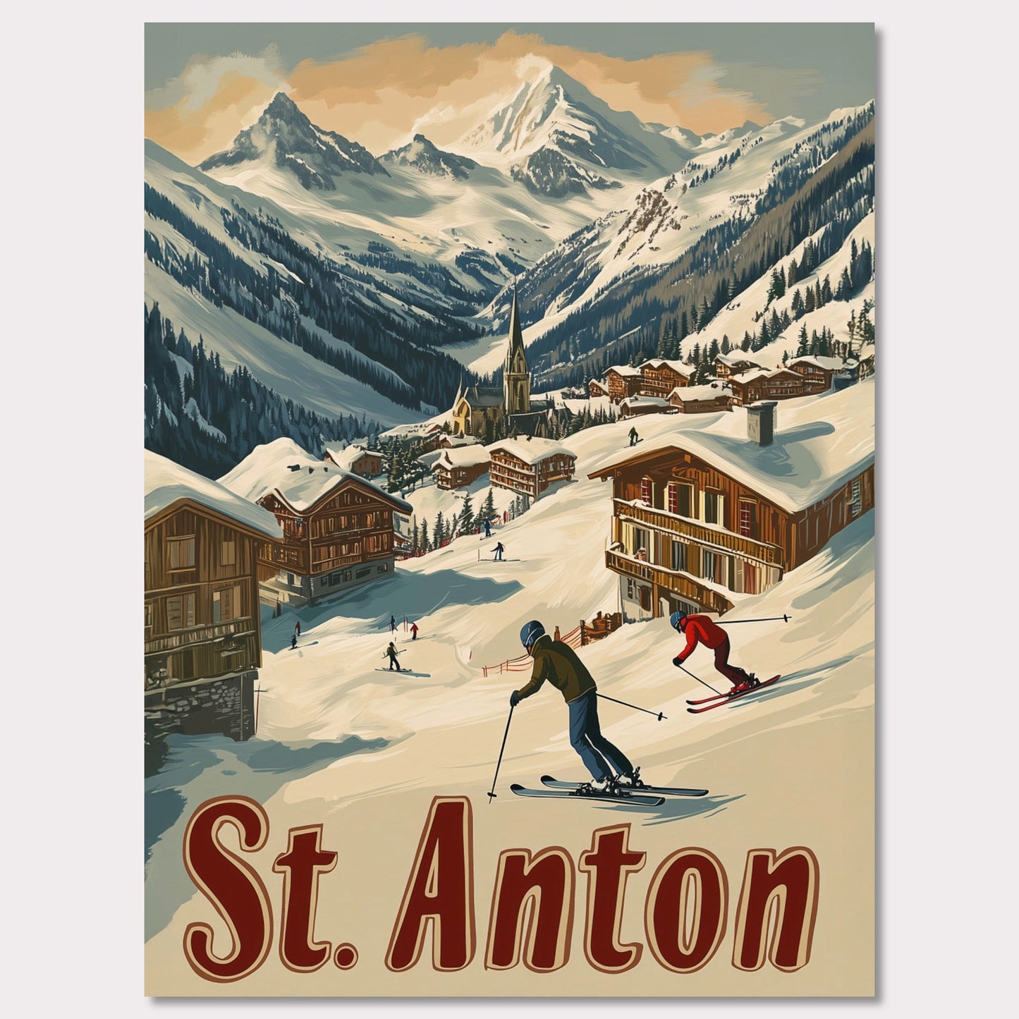 This captivating poster showcases the thrill of skiing in St. Anton, with a group of skiers carving through the fresh powder beneath the dramatic peaks of the Alps. The background features a picturesque village of wooden chalets nestled among the snow, while the rich retro colors and typography emphasize the adventurous spirit of St. Anton as a premier ski destination. The poster evokes both the excitement of the slopes and the warmth of alpine hospitality.