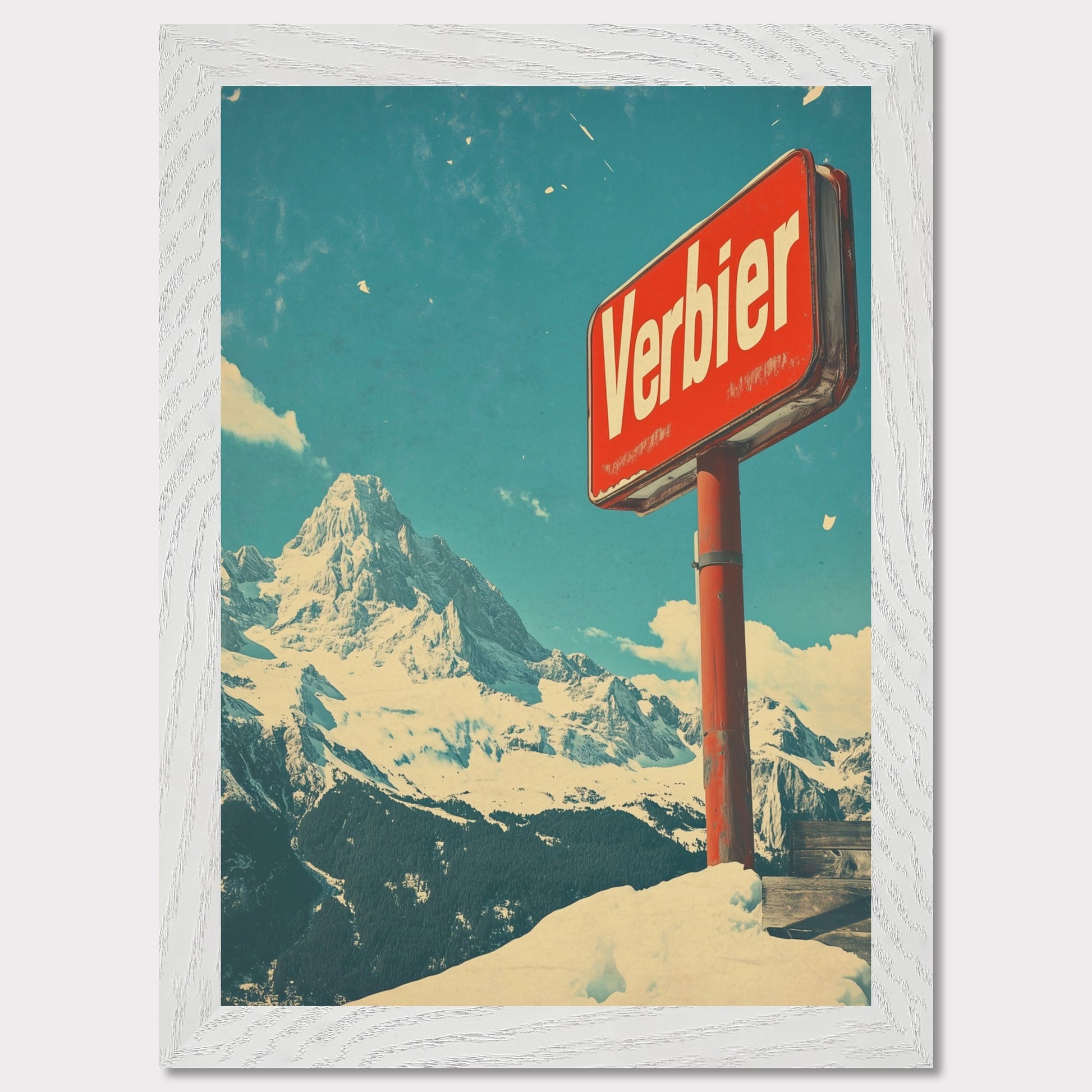 This striking retro-style poster showcases the iconic "Verbier" sign against the backdrop of towering snow-covered peaks and a bright blue sky. The rustic sign, partially worn by time, perfectly complements the expansive, untouched wilderness of the Swiss Alps. The vintage color palette and texture evoke a sense of nostalgia, capturing the allure of Verbier as a timeless destination for adventure and escape into nature’s beauty.