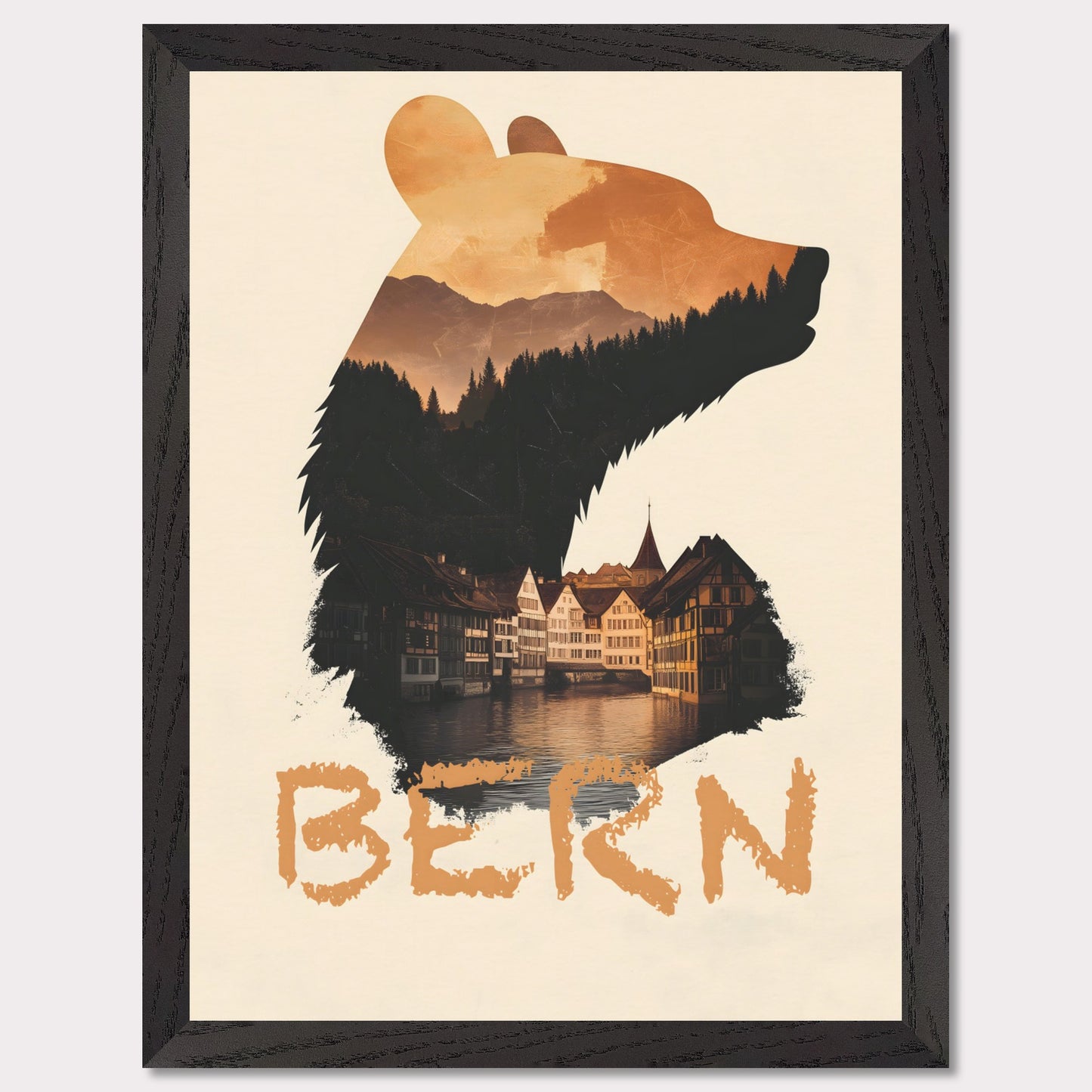 A captivating travel poster that merges Bern’s iconic bear symbol with the city’s historic charm. The silhouette of the bear contains a stunning landscape of alpine forests and traditional Swiss architecture, reflecting the city's rich heritage.