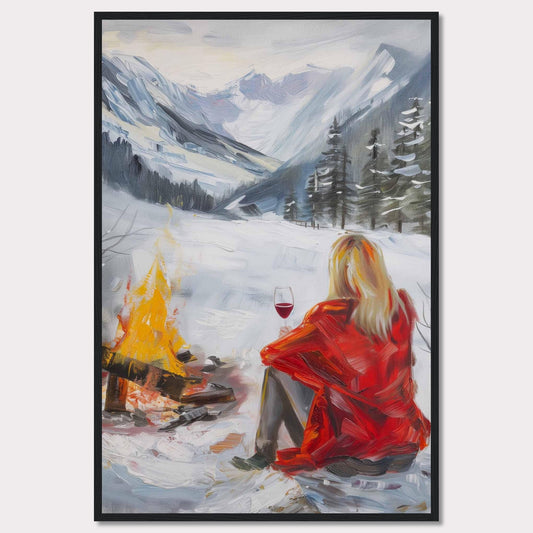 This painting captures a serene winter scene where a person in a red coat sits by a campfire, enjoying a glass of wine amidst a snowy landscape. The backdrop features majestic snow-covered mountains and evergreen trees.