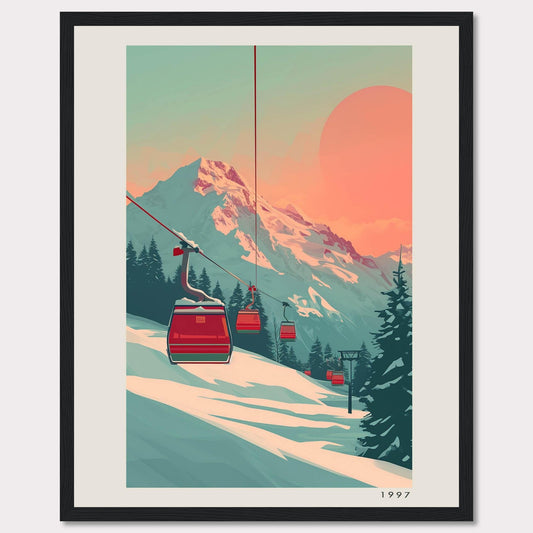 This captivating artwork depicts a serene mountain landscape with ski lifts ascending towards a majestic snow-capped peak under a warm, pastel-colored sky. The scene is framed by evergreen trees, creating a tranquil and inviting atmosphere.