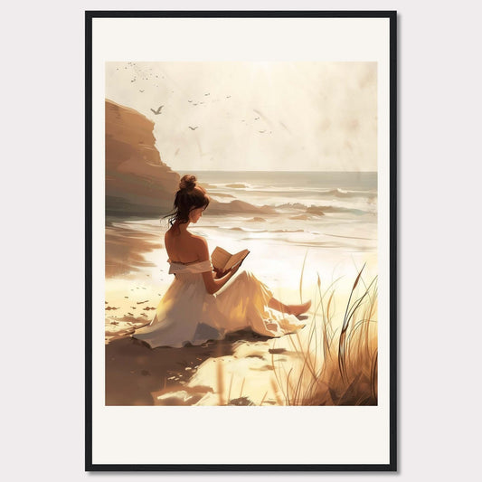 This serene artwork depicts a woman in a white dress sitting on a sandy beach, engrossed in a book. The sun casts a warm golden glow over the scene, enhancing the tranquil atmosphere. In the background, waves gently crash against the shore, and birds soar in the sky.