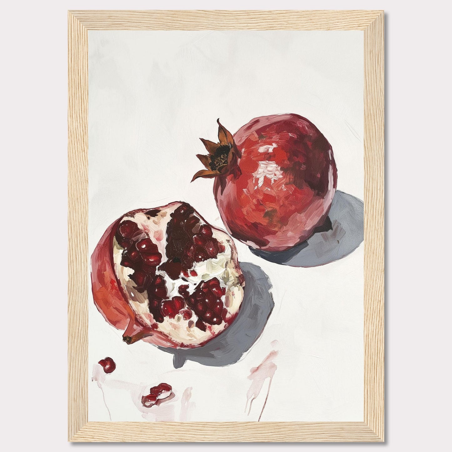 This captivating artwork features a detailed painting of two pomegranates, one whole and one halved, showcasing the vibrant red seeds. The minimalist background highlights the rich colors and textures of the fruit, making it a striking piece for any space.