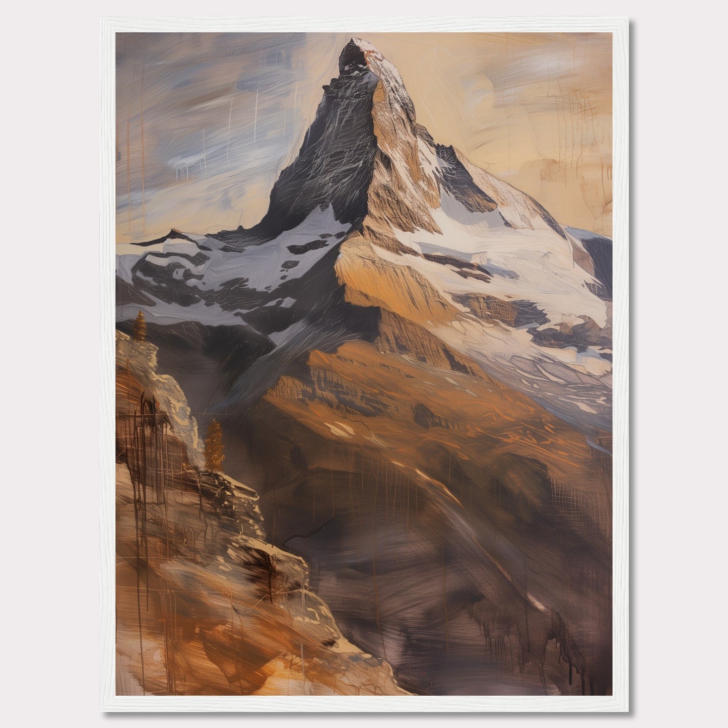 This stunning artwork captures the majestic beauty of a towering mountain peak bathed in warm, golden light. The painting showcases the rugged textures and dramatic contrasts of the rocky terrain, with snow-capped sections adding to its grandeur.