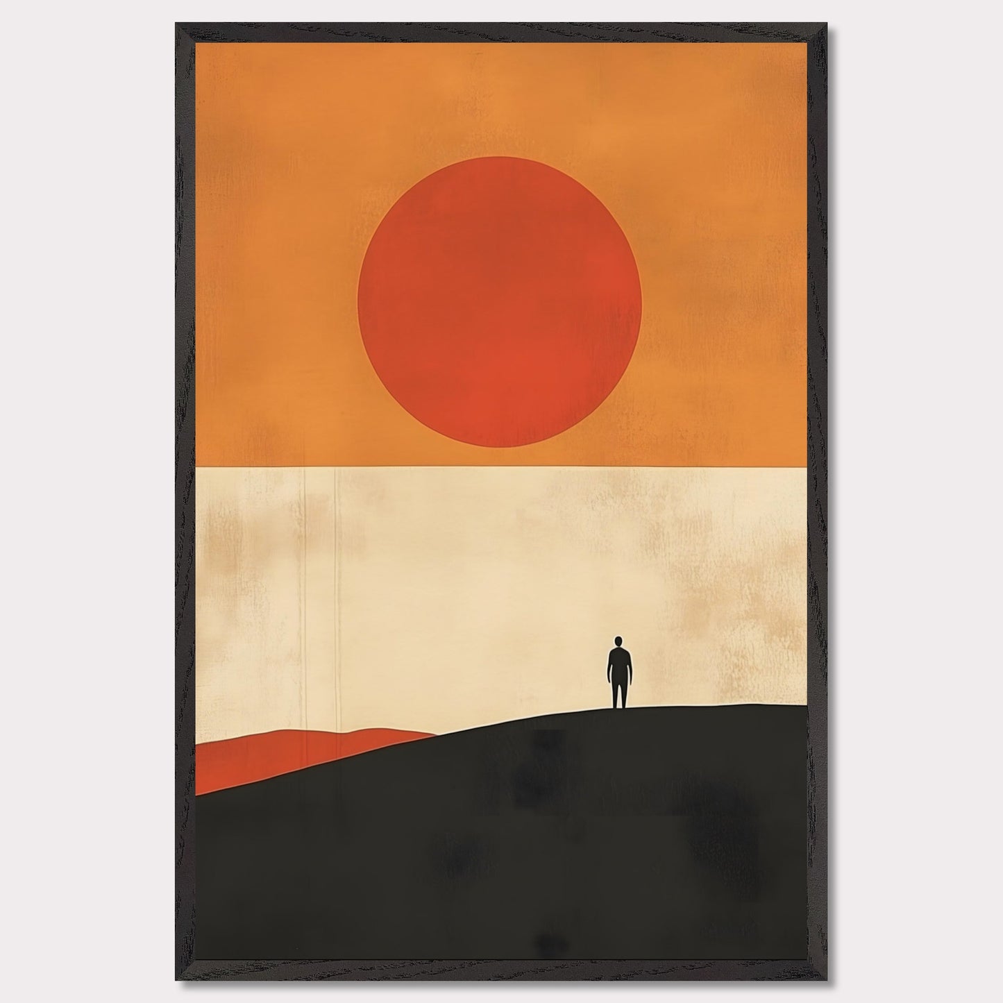 A striking minimalist artwork that conveys a sense of isolation and reflection. A lone figure stands on a hill under an oversized sun, evoking themes of wanderlust, contemplation, and the vastness of the world. The warm tones and simple composition give it a timeless, meditative feel.