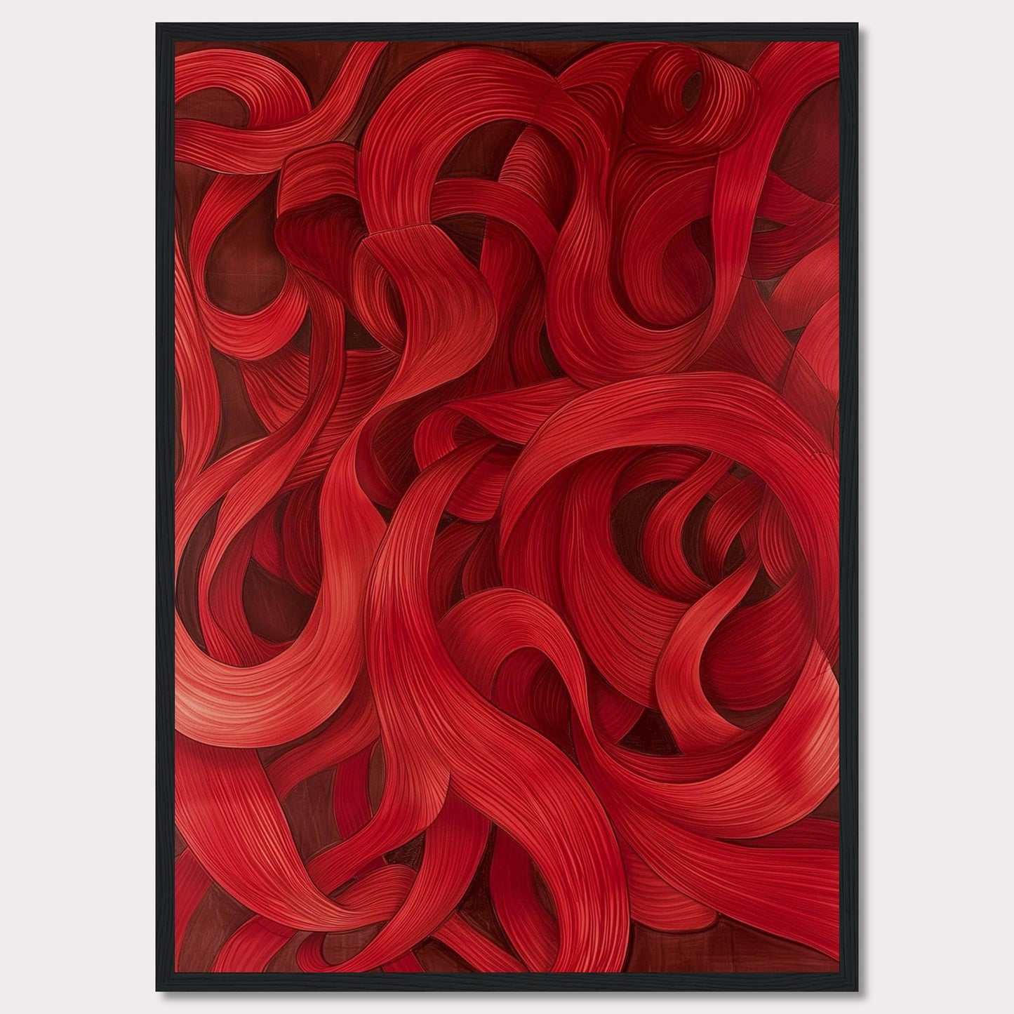 This captivating artwork features a mesmerizing array of red swirls and curves, creating a dynamic and flowing visual experience. The intricate details and rich hues draw the viewer in, evoking a sense of movement and passion.