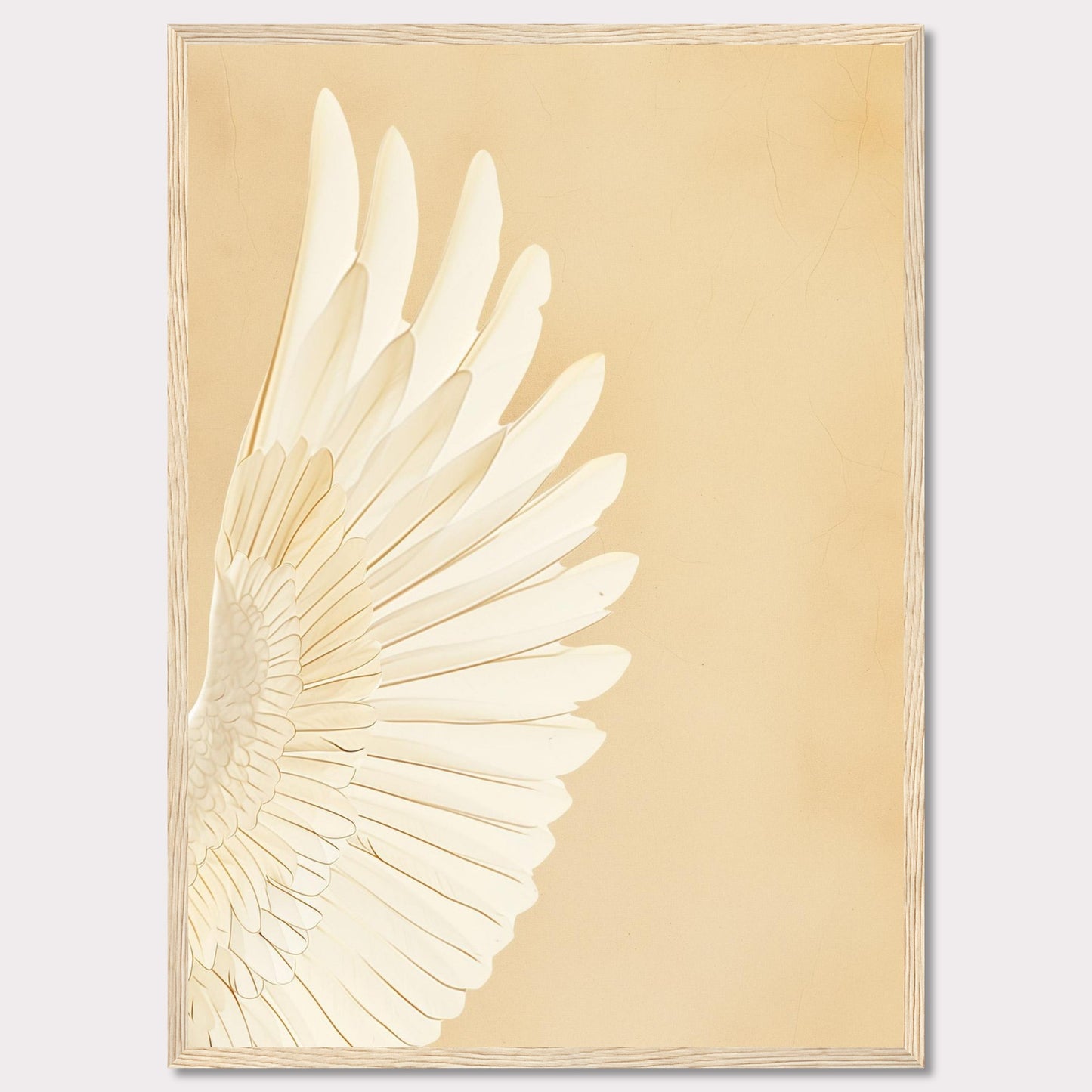 This elegant wall art features a detailed depiction of a white feathered wing against a soft beige background. The minimalist design and neutral tones make it a versatile piece for any room.