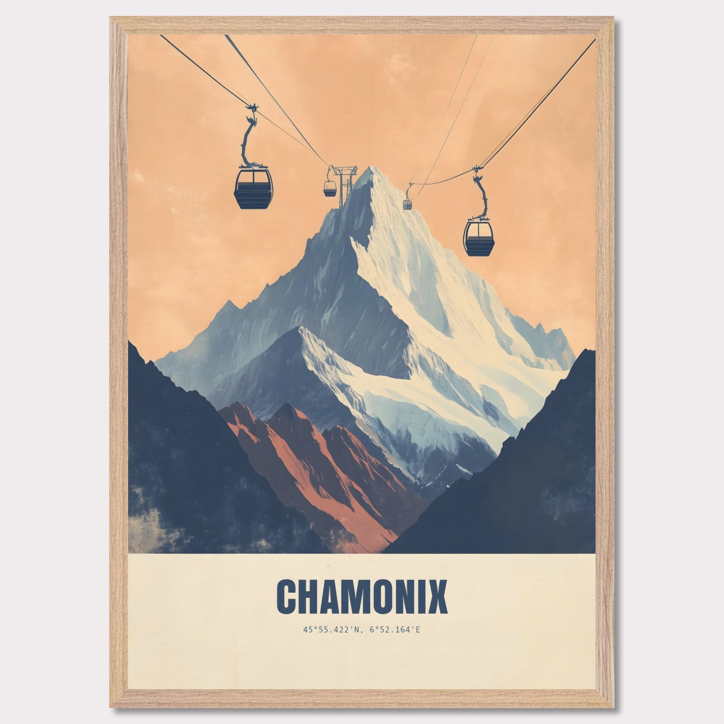 This striking poster showcases the dramatic ascent to Chamonix’s peaks, with cable cars stretching across the sky towards the snow-covered mountains. The bold contrasts between deep shadows and glowing light create an atmosphere of adventure and grandeur.