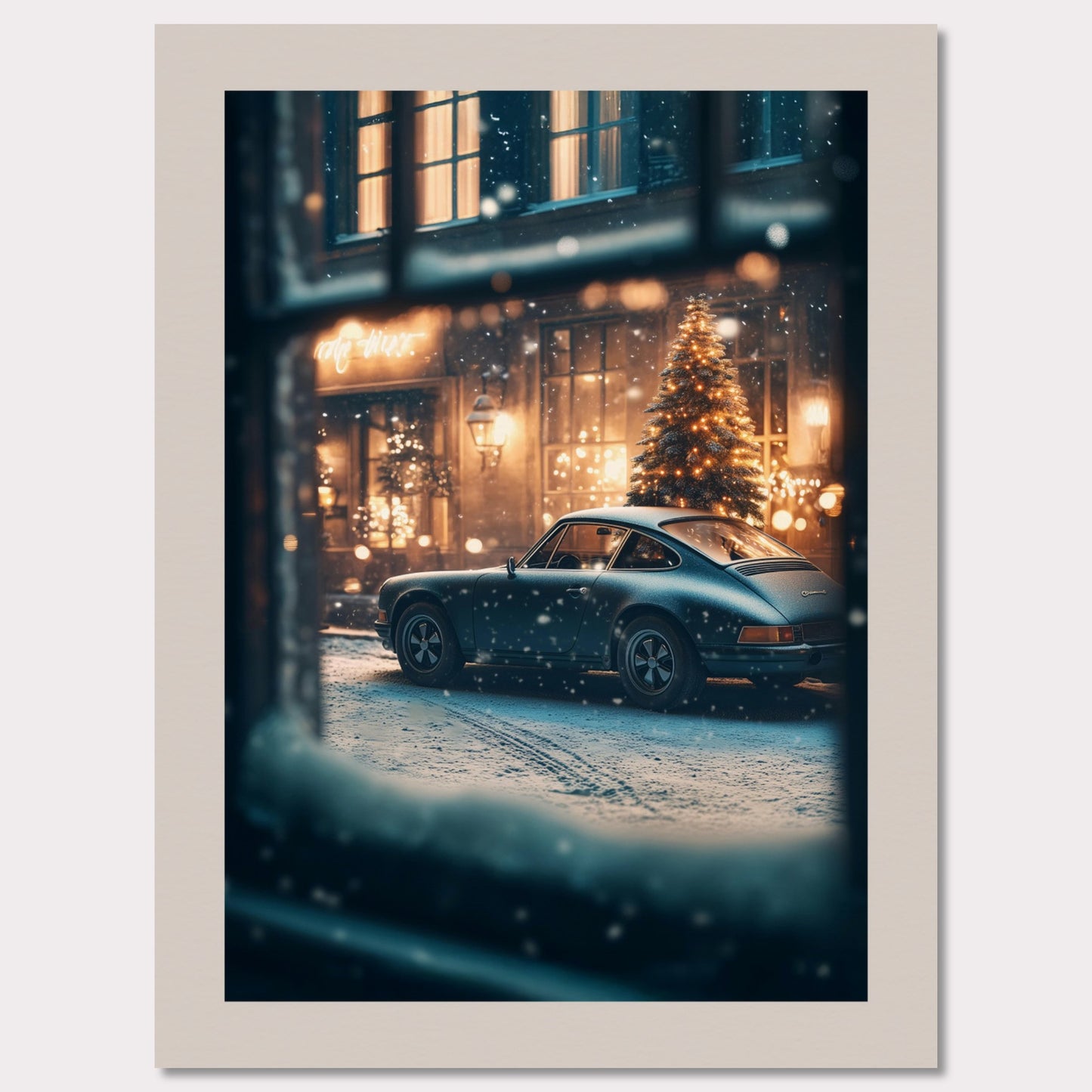 This cozy holiday poster captures a snowy Christmas evening, viewed through a frosty window. The glowing lights of a festive tree and a classic vintage car set the stage for a warm, nostalgic celebration. The snowflakes gently falling add magic to the enchanting alpine village atmosphere.