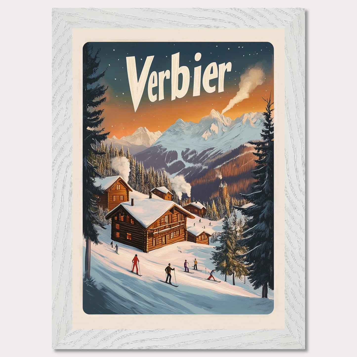 This captivating poster encapsulates the serene beauty of Verbier, with its snow-covered chalets nestled against a backdrop of fiery alpine sunsets. The scene showcases the perfect blend of adventure and tranquility, featuring skiers gliding down gentle slopes surrounded by towering pine trees and a distant view of a majestic mountain range. The soft, glowing hues of the evening sky bring warmth to this winter wonderland.