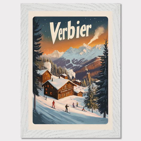 This captivating poster encapsulates the serene beauty of Verbier, with its snow-covered chalets nestled against a backdrop of fiery alpine sunsets. The scene showcases the perfect blend of adventure and tranquility, featuring skiers gliding down gentle slopes surrounded by towering pine trees and a distant view of a majestic mountain range. The soft, glowing hues of the evening sky bring warmth to this winter wonderland.