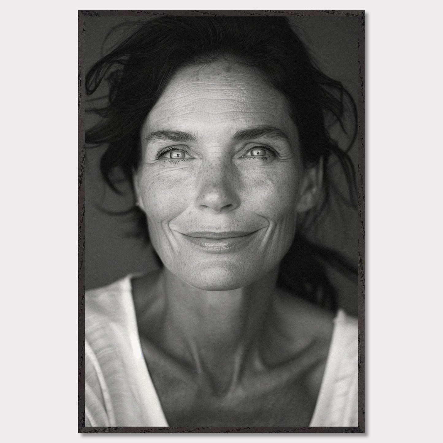 This black and white portrait captures the serene and confident expression of a woman with striking eyes and a gentle smile. The image highlights her natural beauty, emphasizing her freckles and the texture of her skin.