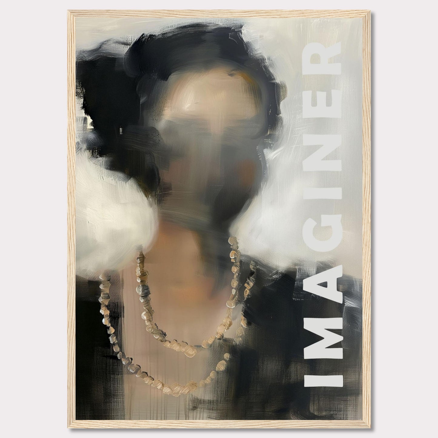 This captivating artwork features an abstract portrait of a person with blurred facial details, adorned with a beaded necklace. The word "IMAGINER" is prominently displayed along the right side, inviting viewers to envision their own interpretations.