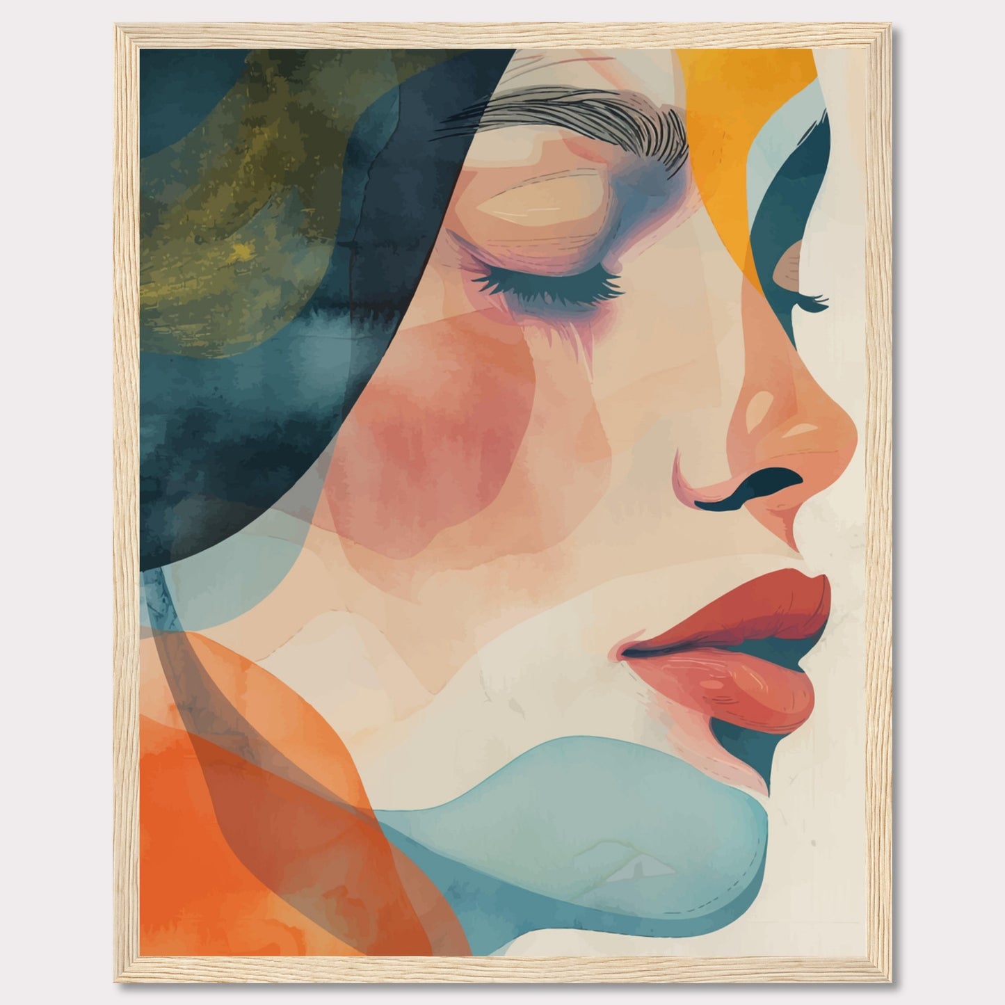 This captivating artwork features a serene profile of a woman's face, rendered in a vibrant mix of abstract colors. The composition highlights her closed eyes and calm expression, evoking a sense of tranquility and introspection.