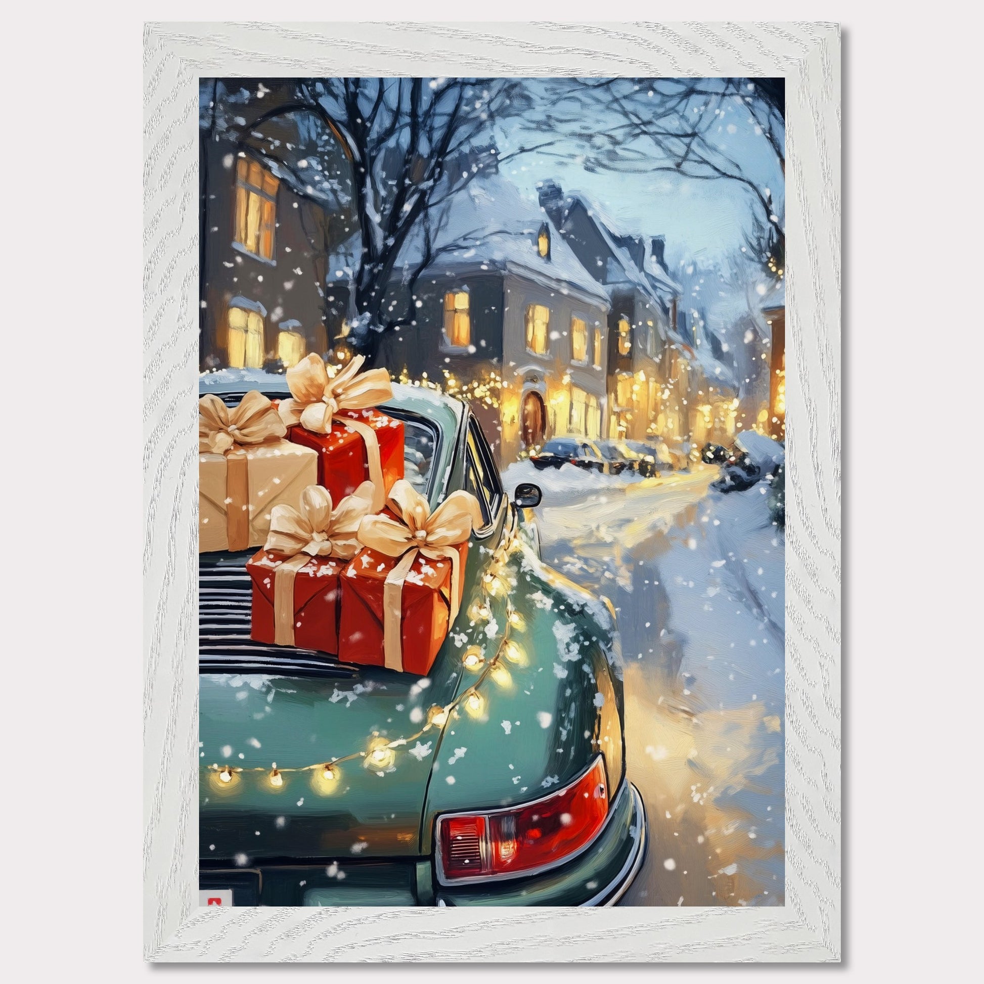 A cozy Christmas scene in Switzerland is captured in this enchanting poster. The focus is a beautiful Christmas tree adorned with lights, set in the heart of a charming town covered in snow. A Porsche, with festive gifts on the roof, adds a touch of luxury to this idyllic winter setting. The vintage typography "Christmas in Switzerland" evokes a sense of nostalgia and warmth, making it the perfect holiday decoration.