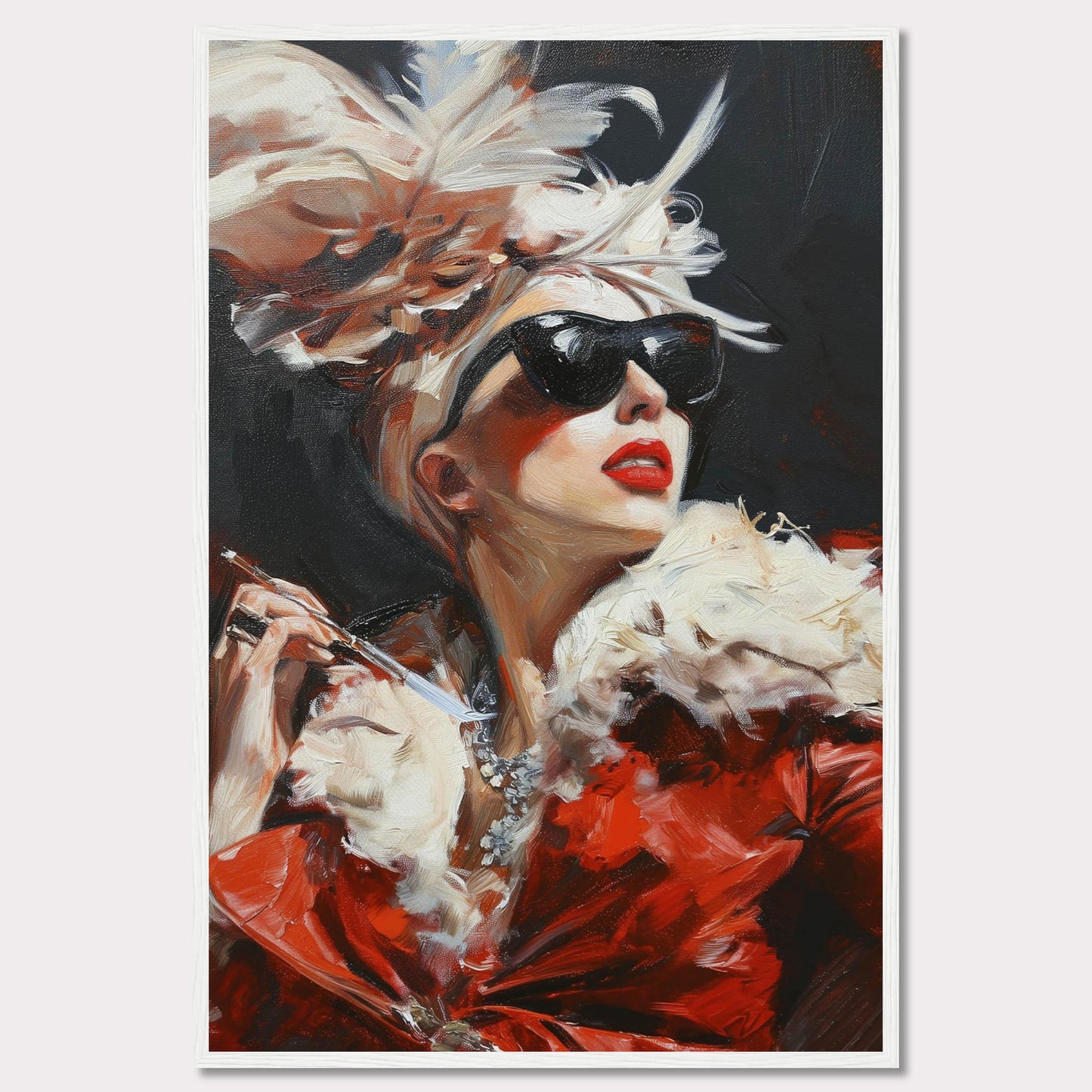 This striking painting captures a glamorous woman exuding confidence and elegance. Adorned in a luxurious red fur coat, she wears dark sunglasses and a dramatic feathered hat, holding a cigarette holder with poise. The bold brushstrokes and vibrant colors add to the dynamic and sophisticated feel of the artwork.