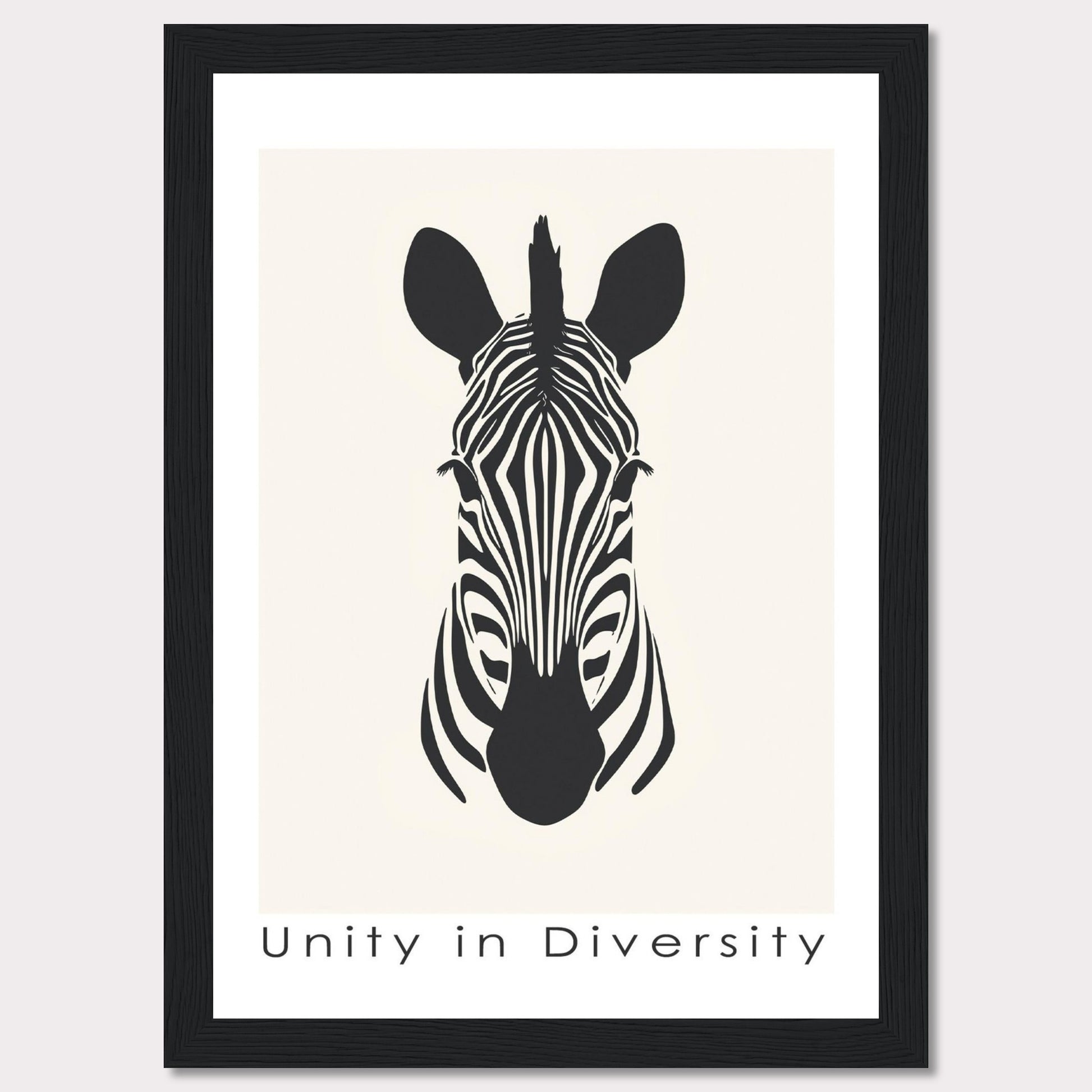 This image features a minimalist black and white illustration of a zebra's head, centered on a light background. Below the illustration, the phrase "Unity in Diversity" is prominently displayed.