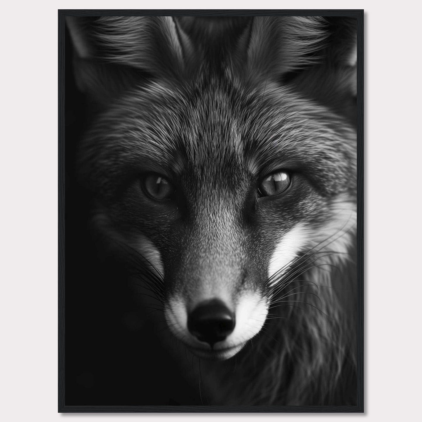 This striking black and white portrait captures the intense gaze of a fox, showcasing its majestic and enigmatic beauty. The detailed fur texture and sharp eyes draw you into the wild essence of this captivating creature.