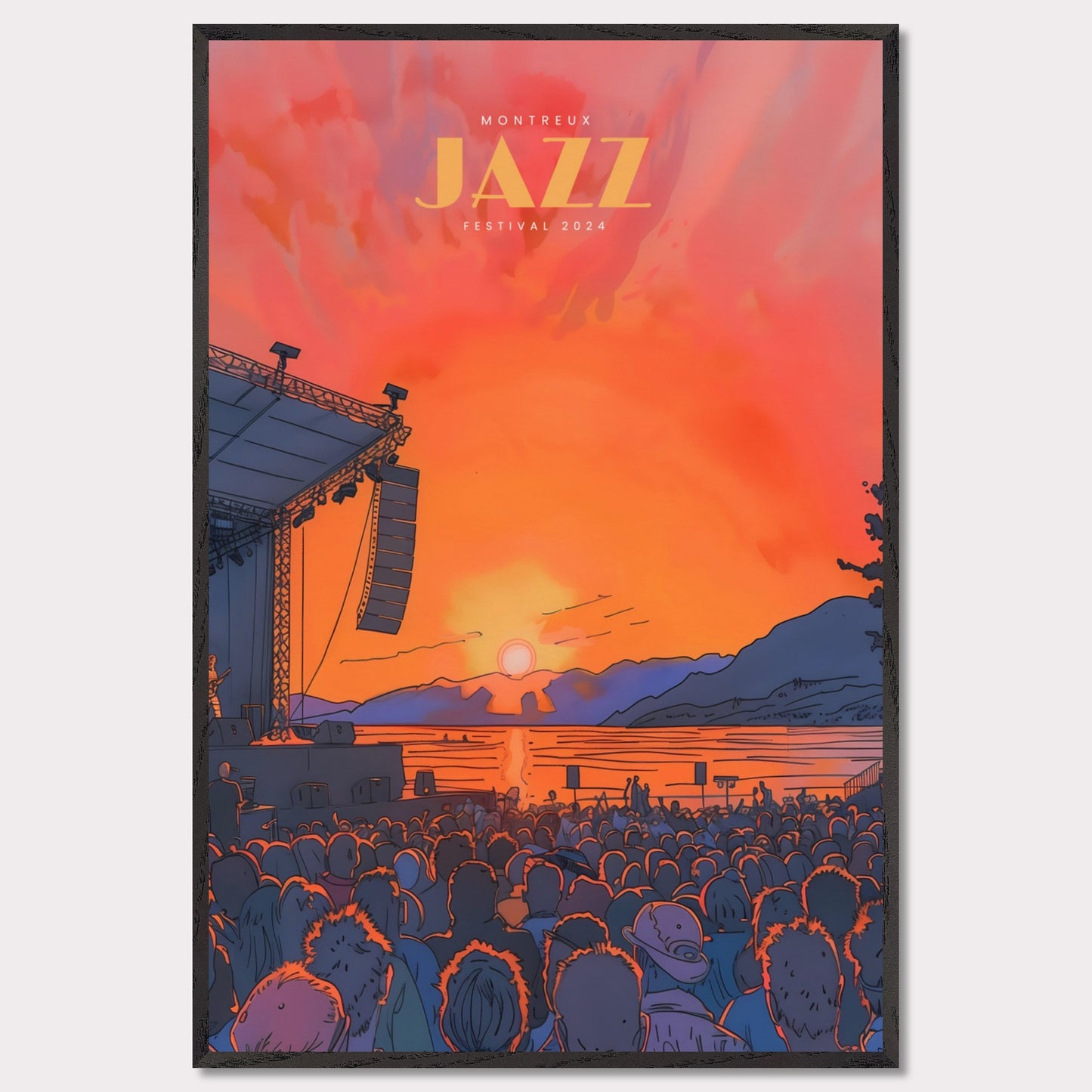 This vibrant poster showcases the Montreux Jazz Festival 2024, capturing the essence of a live outdoor concert at sunset. The scene is set with a large crowd facing a stage where a musician performs against a backdrop of a stunning sunset over a lake and mountains.