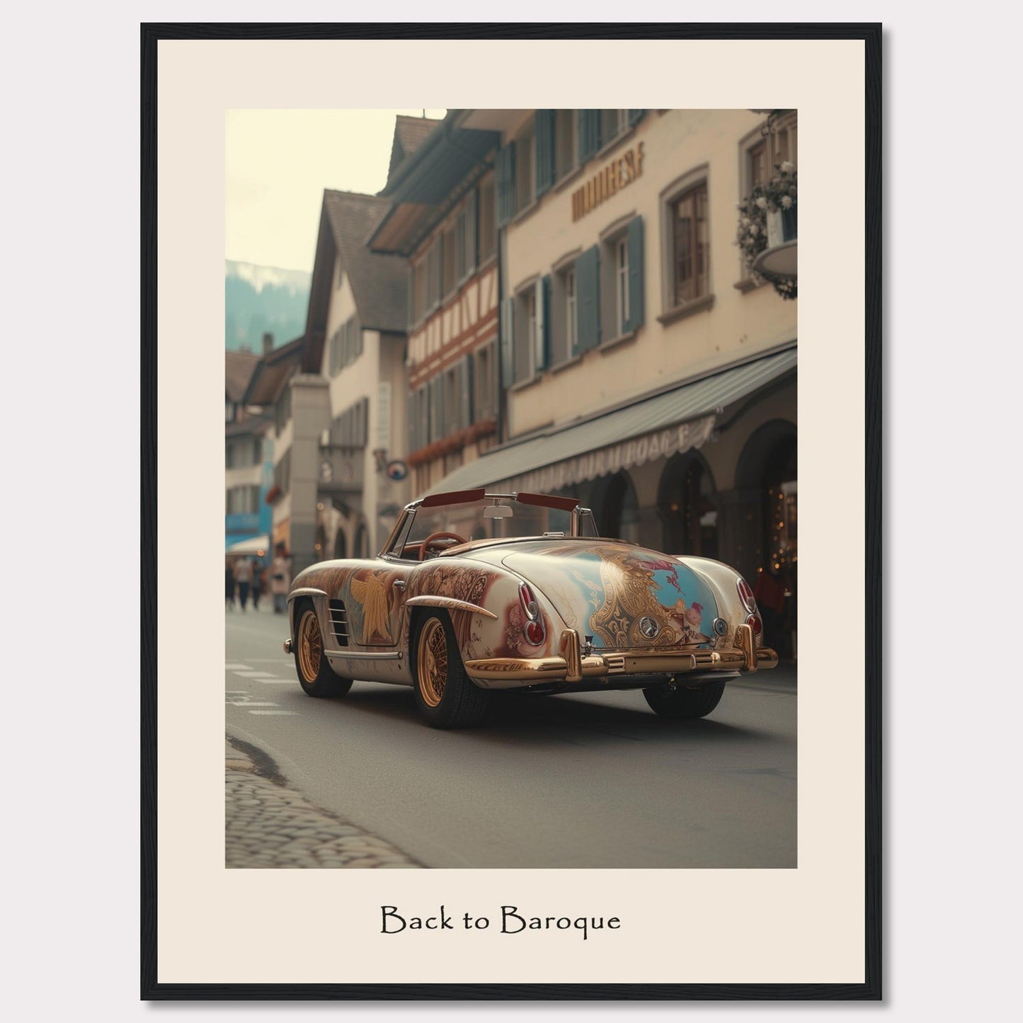 This captivating image showcases a vintage car adorned with intricate Baroque-style artwork, driving through a quaint European street lined with charming buildings. The scene is set against a backdrop of mountains, adding to the picturesque atmosphere.