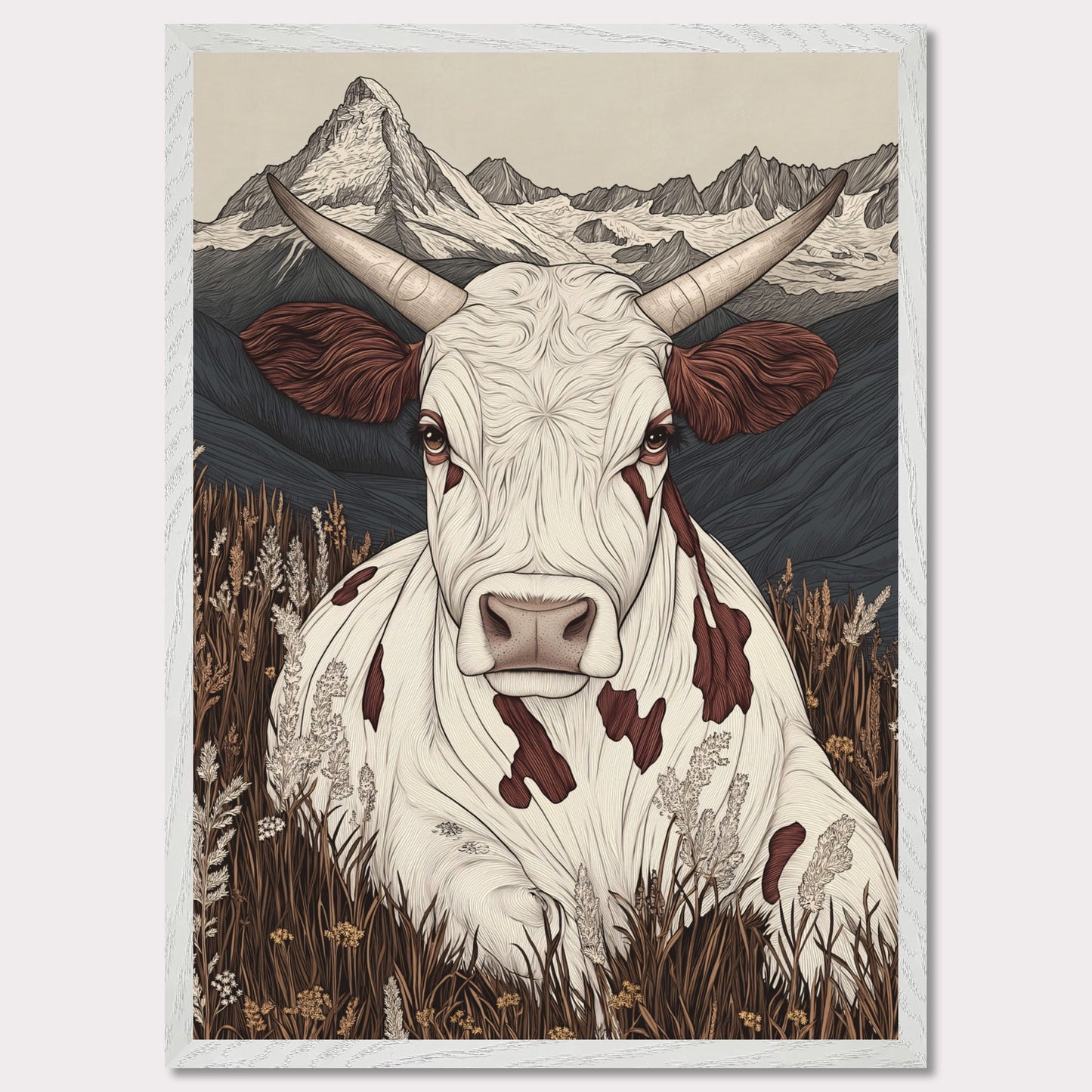 This beautifully detailed poster portrays a tranquil scene of alpine life with a focus on the harmonious connection between nature and animals. A striking cow with intricate features gazes directly at the viewer, creating a sense of intimacy, while the majestic Matterhorn looms in the background. The combination of soft earth tones and delicate linework evokes a rustic yet modern aesthetic.