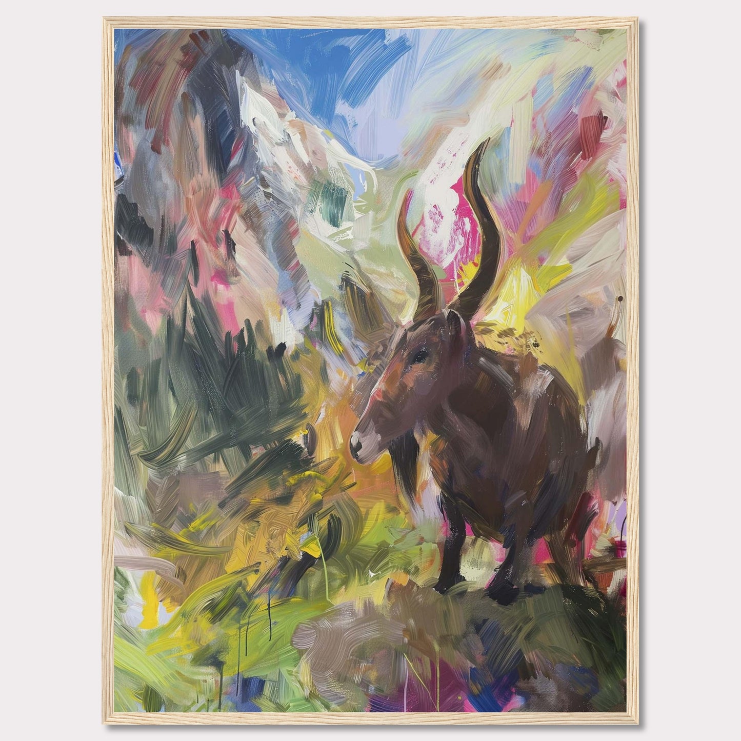 This vibrant painting captures a majestic animal with large horns standing amidst a colorful, abstract landscape. The background features dynamic brushstrokes of mountains, sky, and foliage, blending together in an explosion of colors.