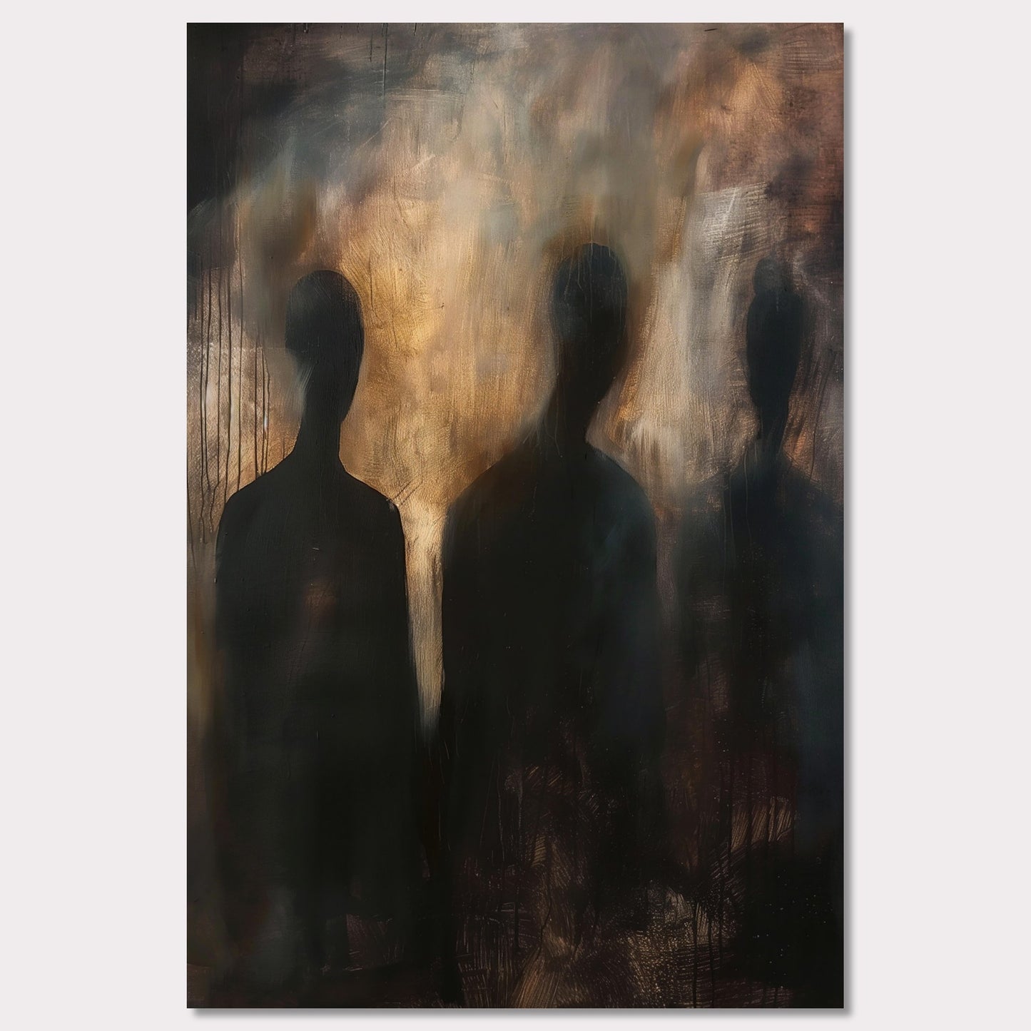 This evocative painting features three shadowy figures set against a smoky, abstract background. The use of dark and muted tones creates a mysterious and haunting atmosphere, inviting viewers to contemplate the unknown. The blending of colors and indistinct forms evoke emotions of intrigue and curiosity.