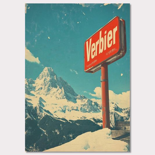 This striking retro-style poster showcases the iconic "Verbier" sign against the backdrop of towering snow-covered peaks and a bright blue sky. The rustic sign, partially worn by time, perfectly complements the expansive, untouched wilderness of the Swiss Alps. The vintage color palette and texture evoke a sense of nostalgia, capturing the allure of Verbier as a timeless destination for adventure and escape into nature’s beauty.