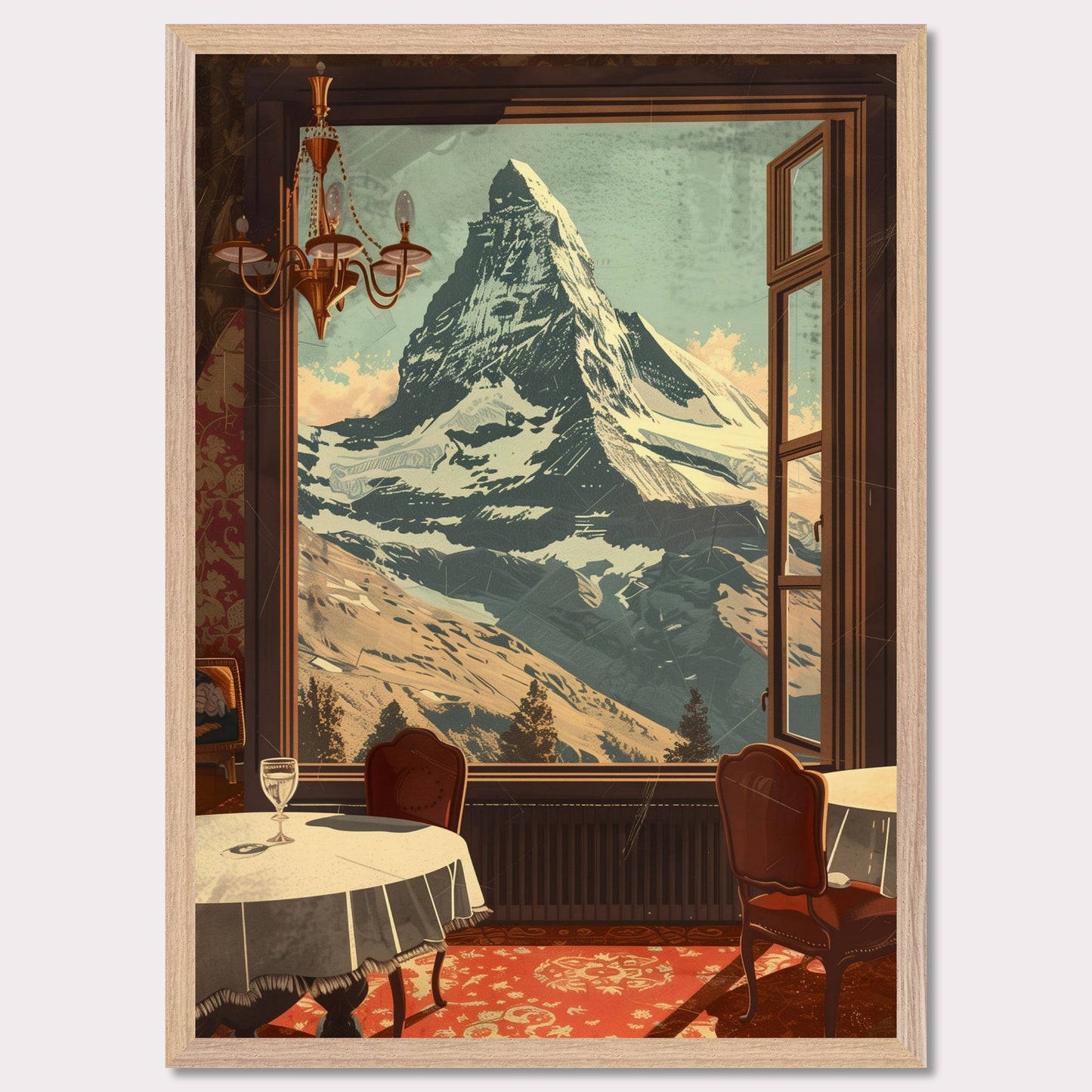 Witness the breathtaking view of a majestic snow-capped mountain through an elegantly framed window. This serene setting features a cozy dining area with classic furniture, a radiant chandelier, and a beautifully patterned carpet.