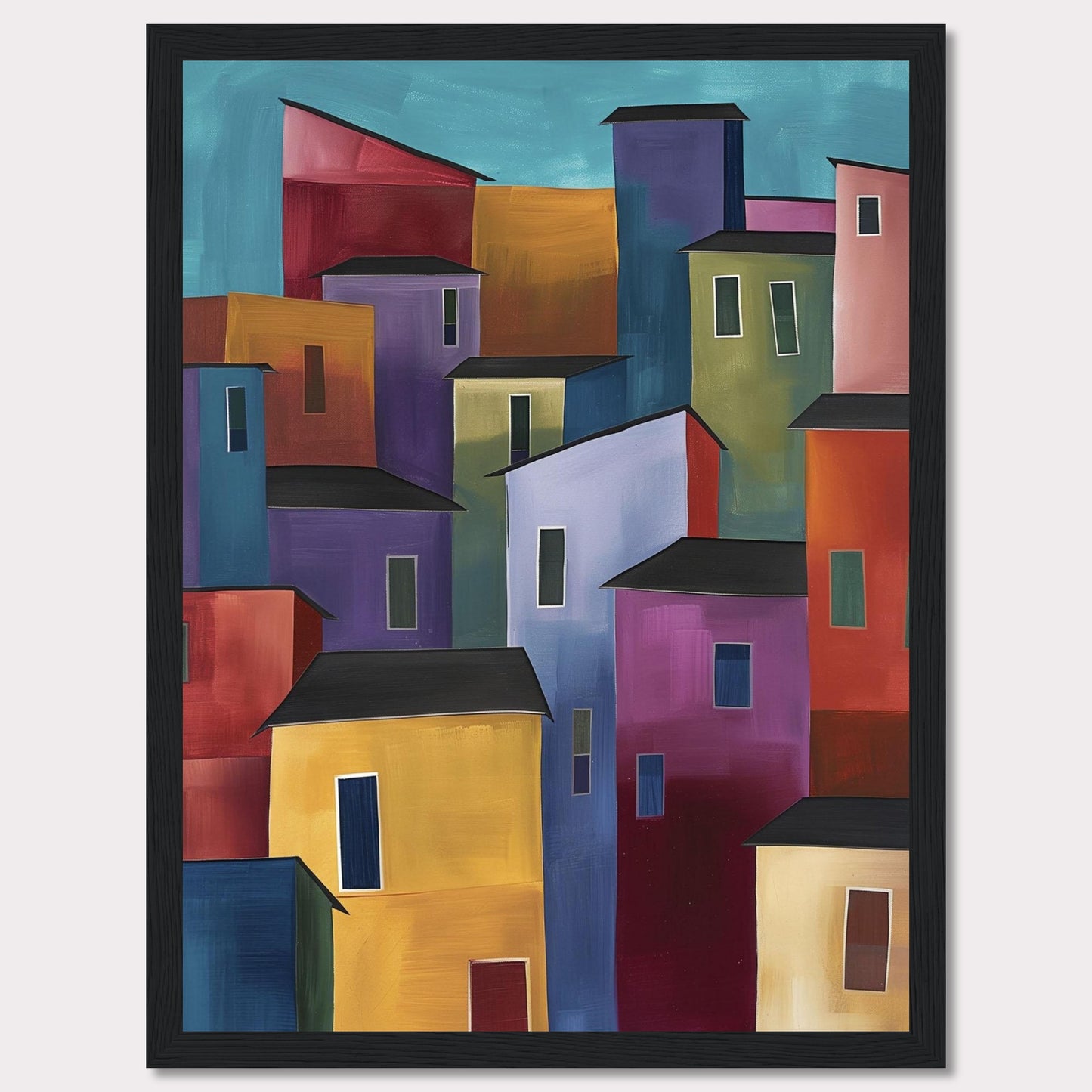 This vibrant painting features a colorful array of abstract buildings, each with unique hues and shapes, set against a serene blue sky. The bold use of colors and geometric forms creates a lively and dynamic cityscape.