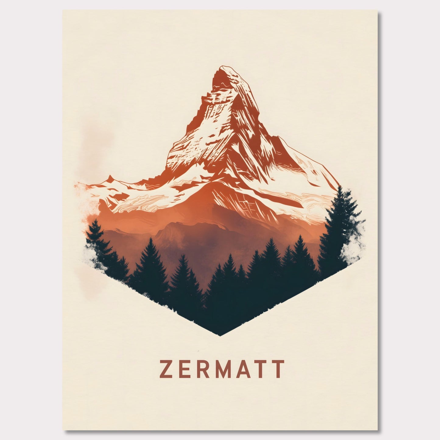 A scenic poster showcasing the breathtaking beauty of Zermatt’s Matterhorn. The rich, painterly textures and natural color palette evoke the serene yet powerful presence of the Alps.